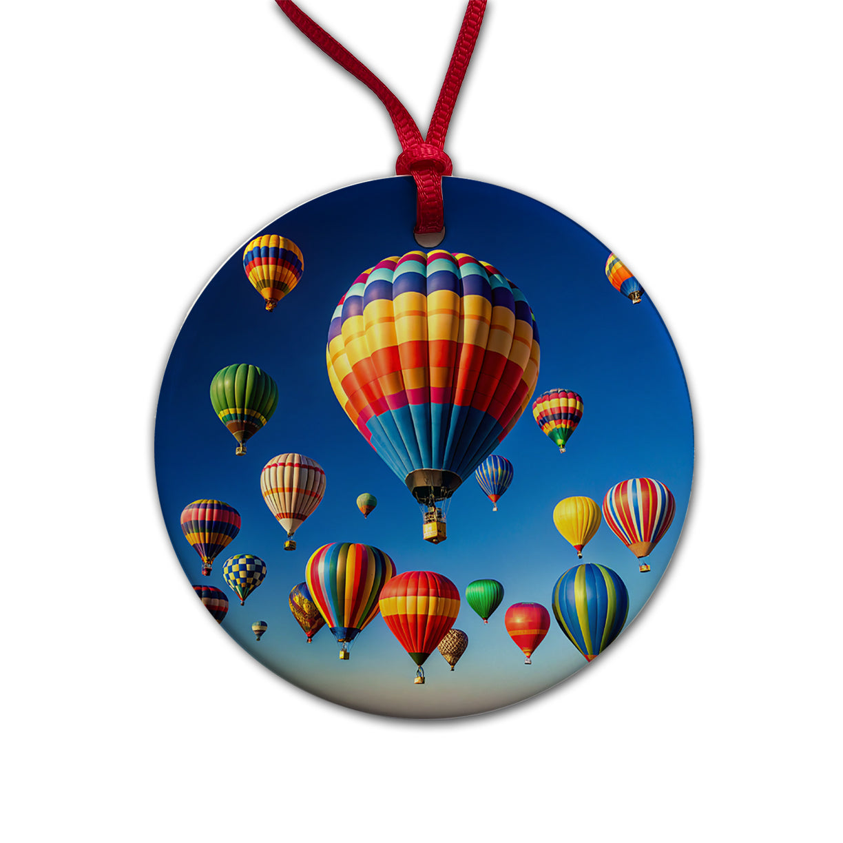 Hot Air Balloons Against a Blue Sky Round Ceramic Holiday Christmas Tree Ornament