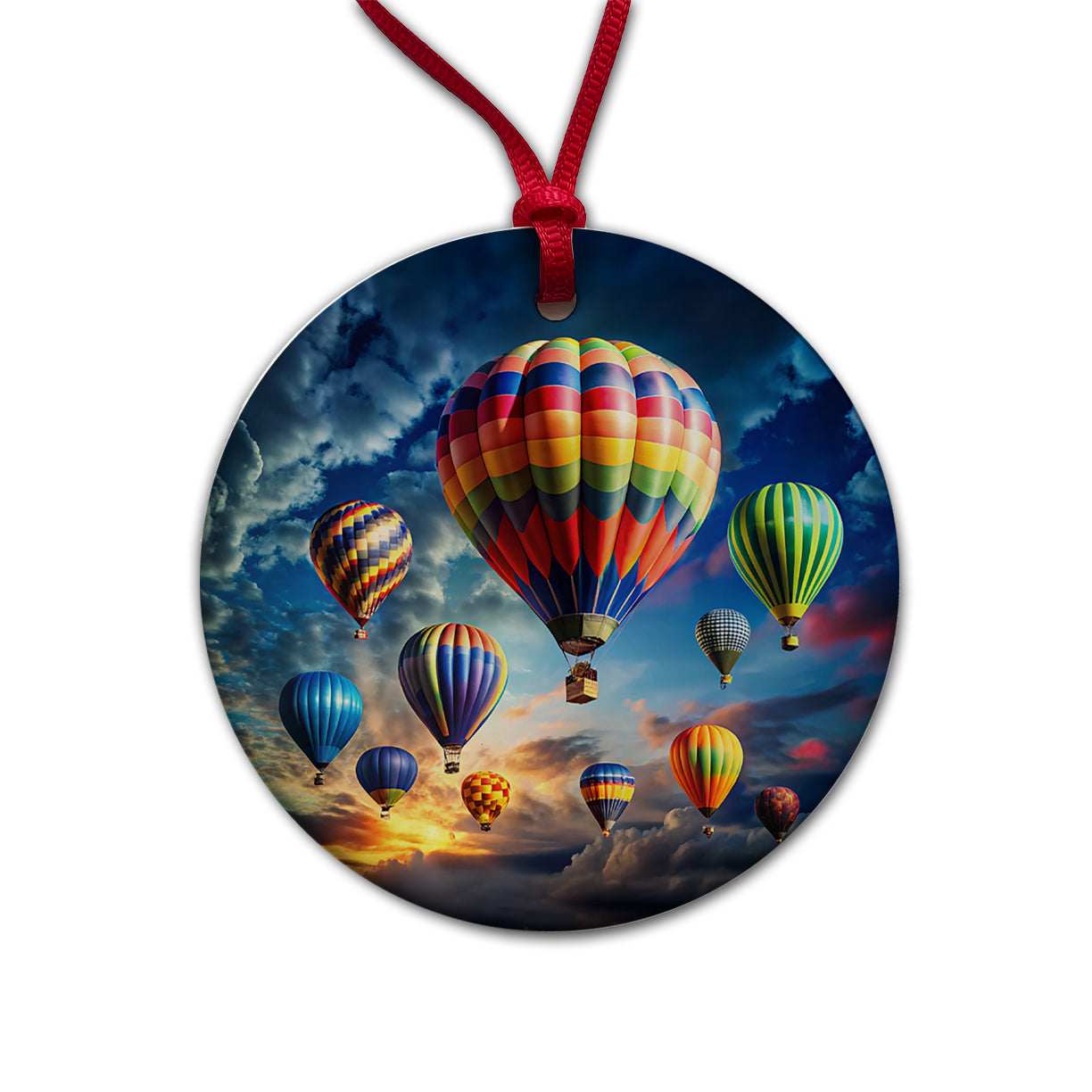 Hot Air Balloons Against a Cloud Covered Deep Blue Sky Round Ceramic Holiday Christmas Tree Ornament