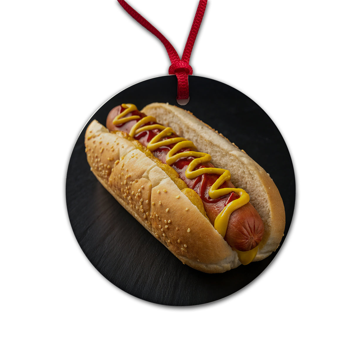 Hot Dog In Bun With Mustard and Ketchup Round Ceramic Holiday Christmas Tree Ornament