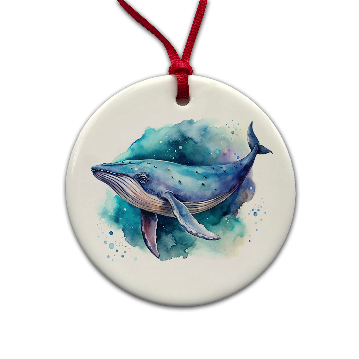 Humpback Whale Watercolor Round Ceramic Holiday Christmas Tree Ornament