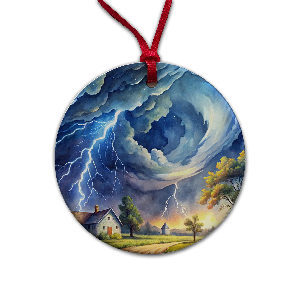 Hurricane and Lightning At Night in the Country Watercolor Round Ceramic Holiday Christmas Tree Ornament