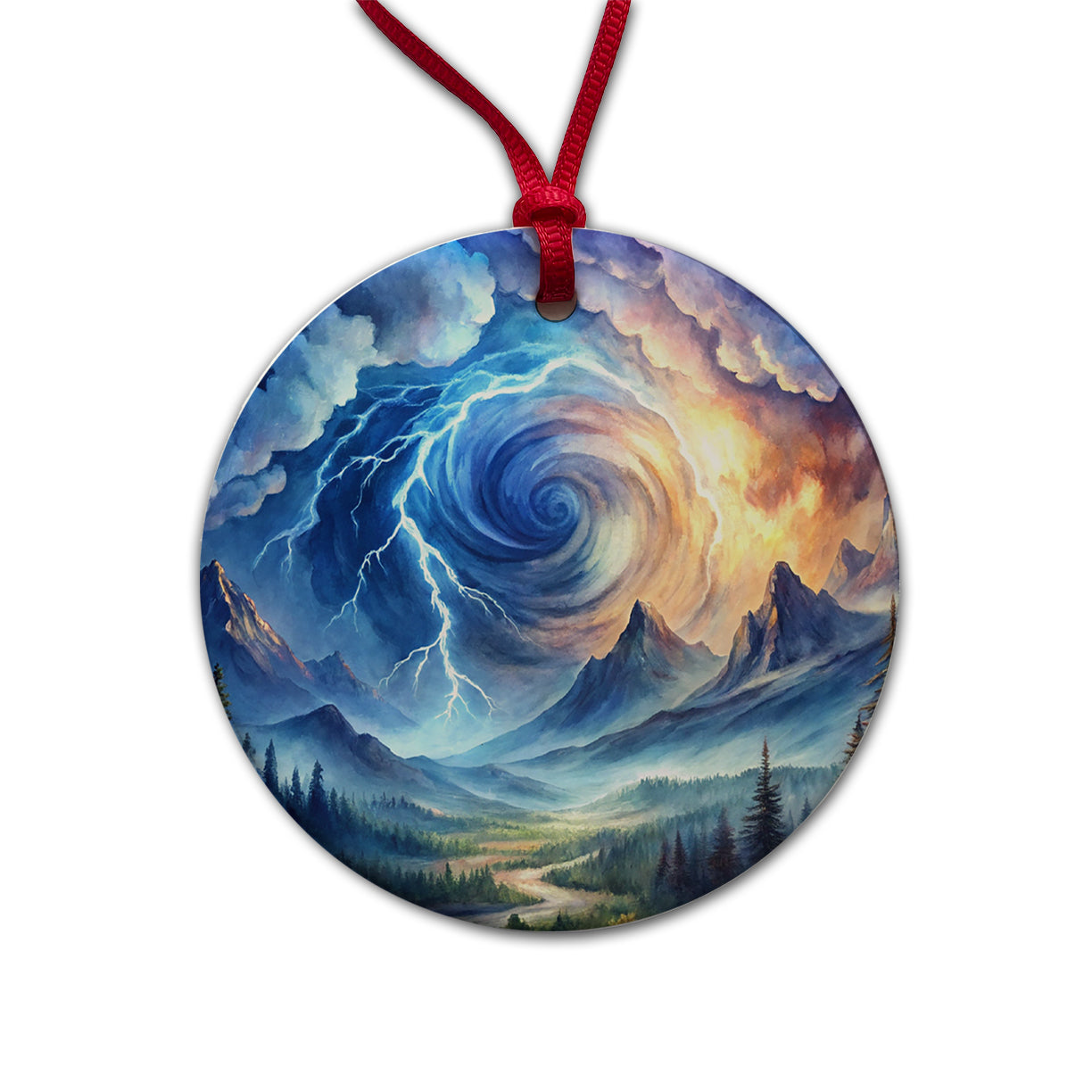 Hurricane and Lightning At Night in the Mountains Watercolor Round Ceramic Holiday Christmas Tree Ornament