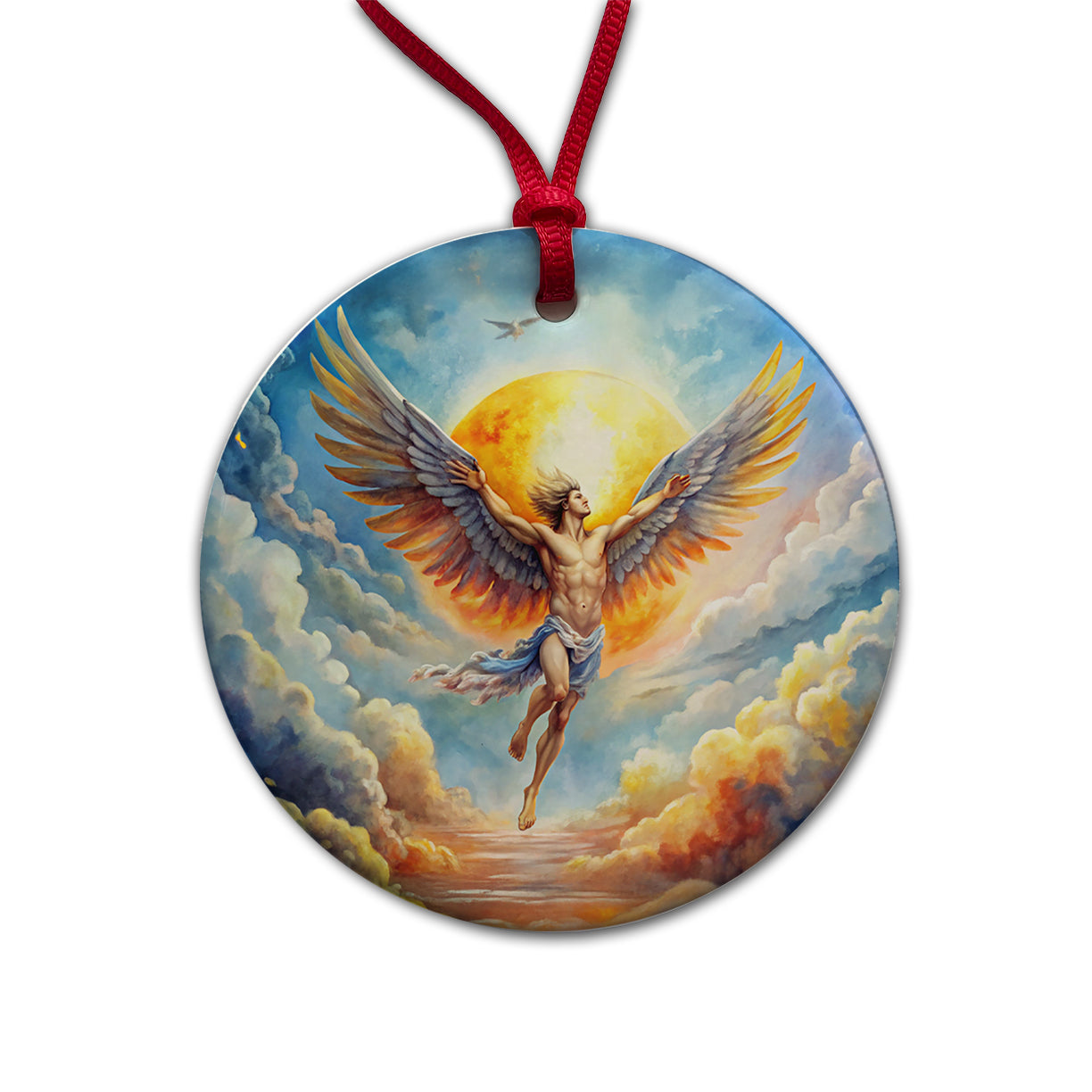 Icarus Flying Too Close To The Sun Greek Myth Watercolor Round Ceramic Holiday Christmas Tree Ornament