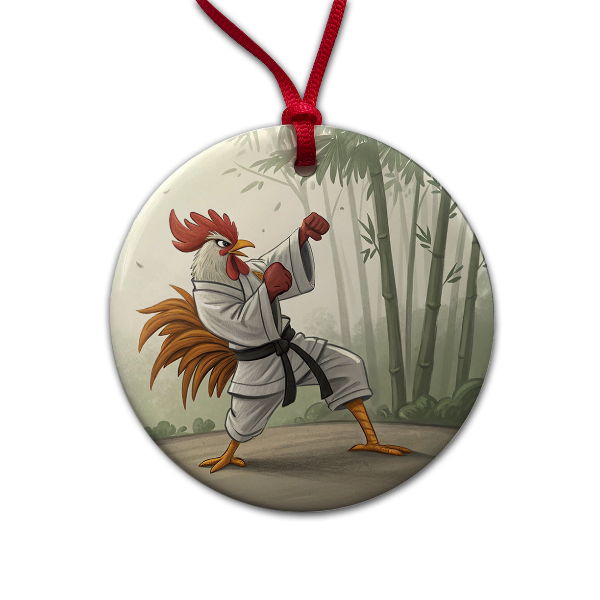 Kung Fu Karate Martial Arts Rooster Round Ceramic Holiday Christmas Tree Ornament