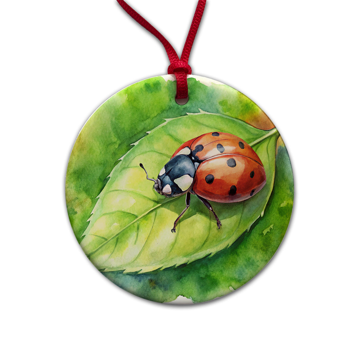 Ladybug On Leaf Watercolor Round Ceramic Holiday Christmas Tree Ornament