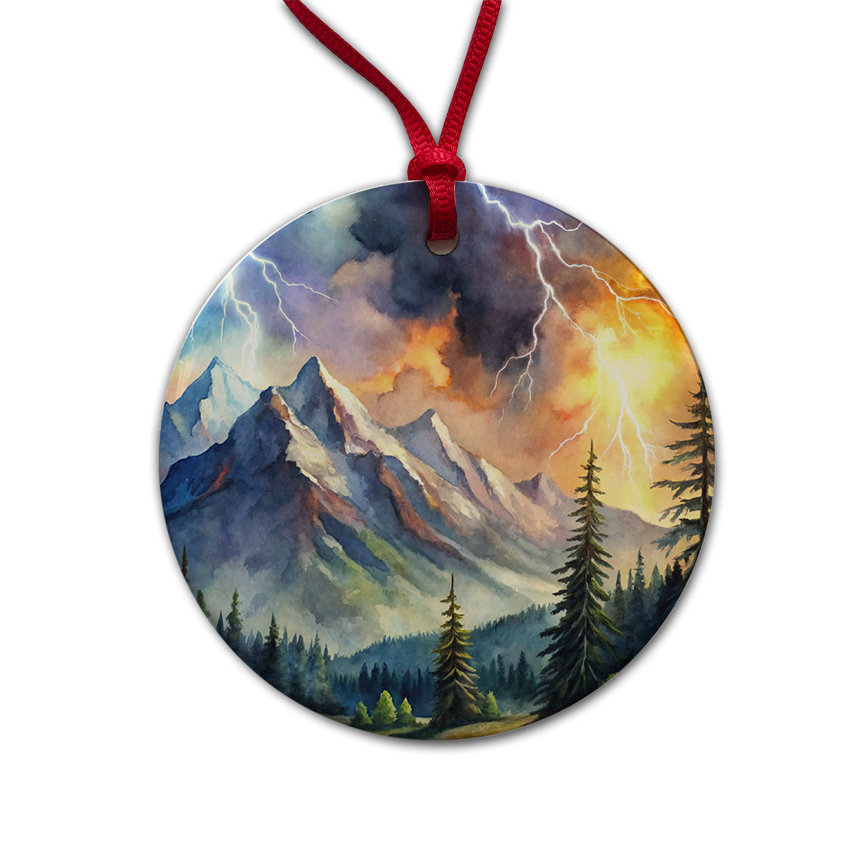 Lighting In The Mountains Watercolor Round Ceramic Holiday Christmas Tree Ornament