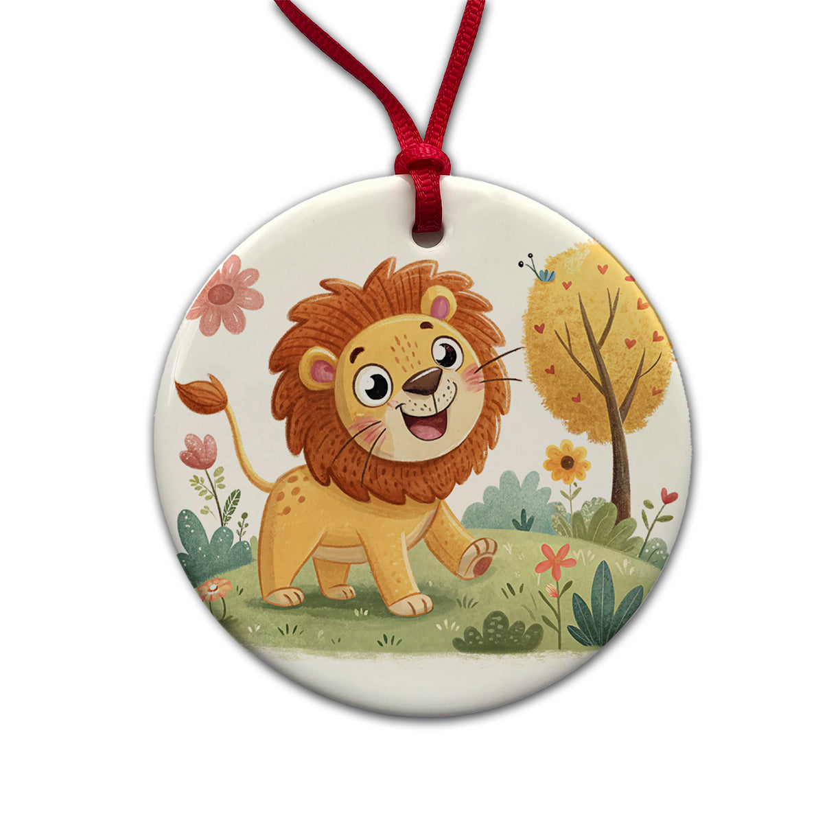 Lion Children's Illustration Style Round Ceramic Holiday Christmas Tree Ornament