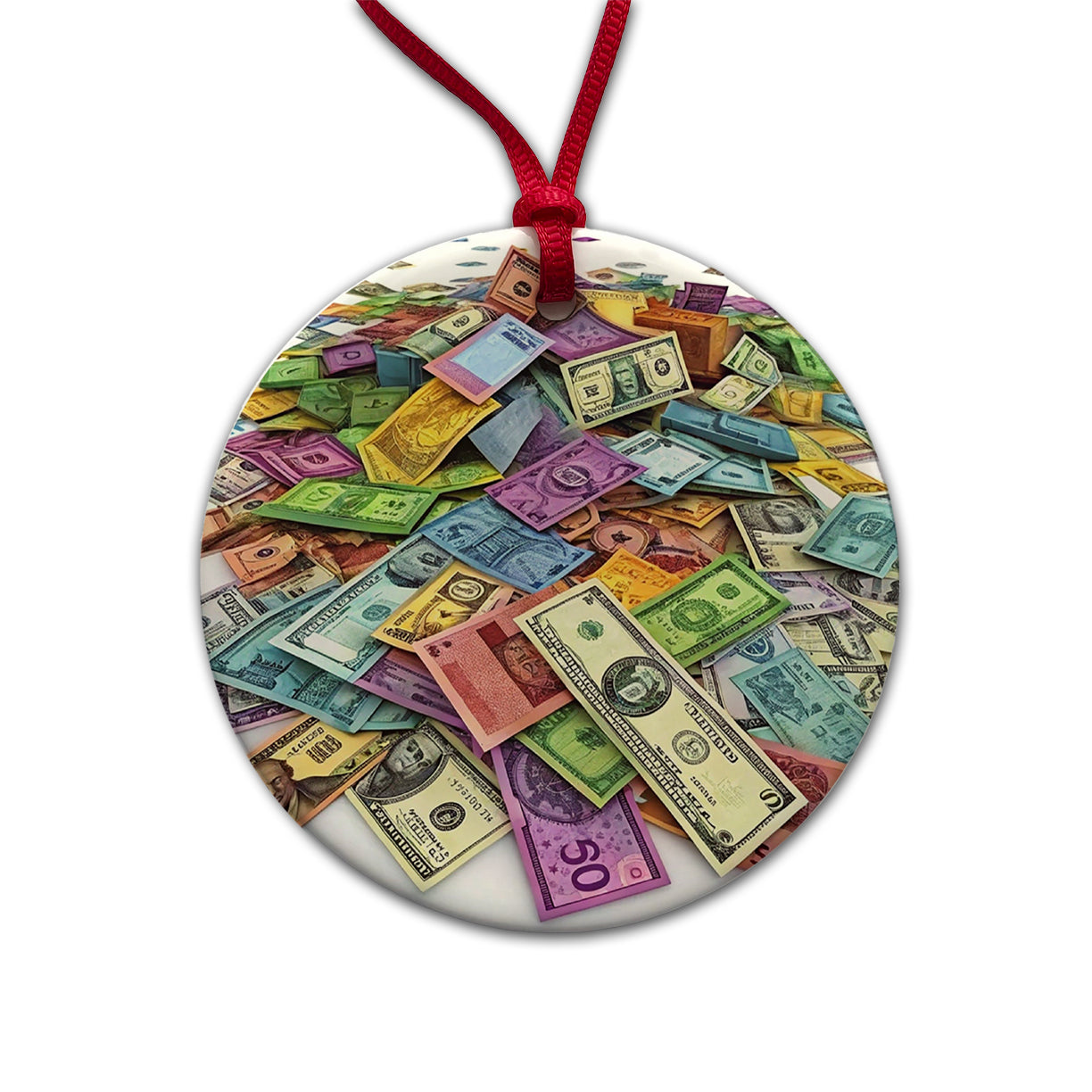 Lots of Colorful Money Monetary Bills Round Ceramic Holiday Christmas Tree Ornament