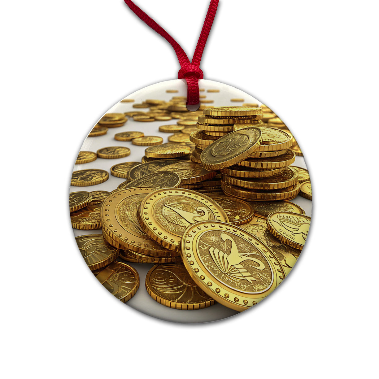 Lots of Gold Coins Round Ceramic Holiday Christmas Tree Ornament