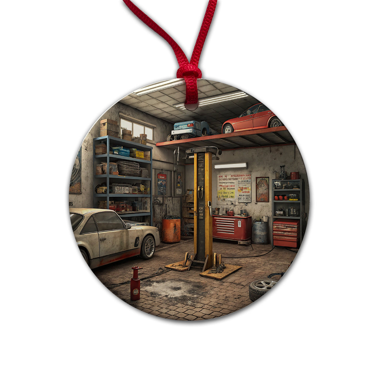 Mechanic Auto Garage Shop Round Ceramic Holiday Christmas Tree Ornament