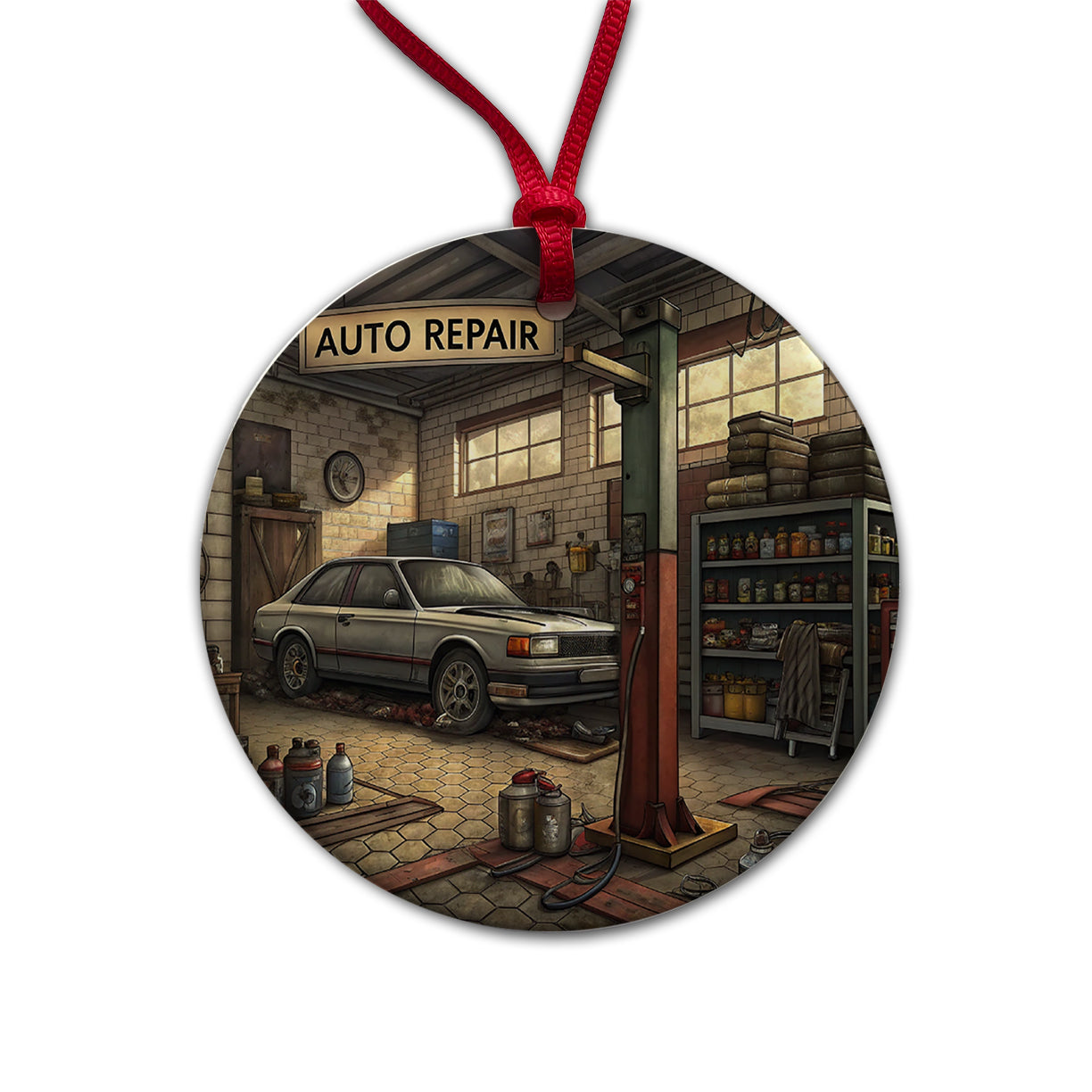 Mechanic's Automotive Repair Garage Round Ceramic Holiday Christmas Tree Ornament