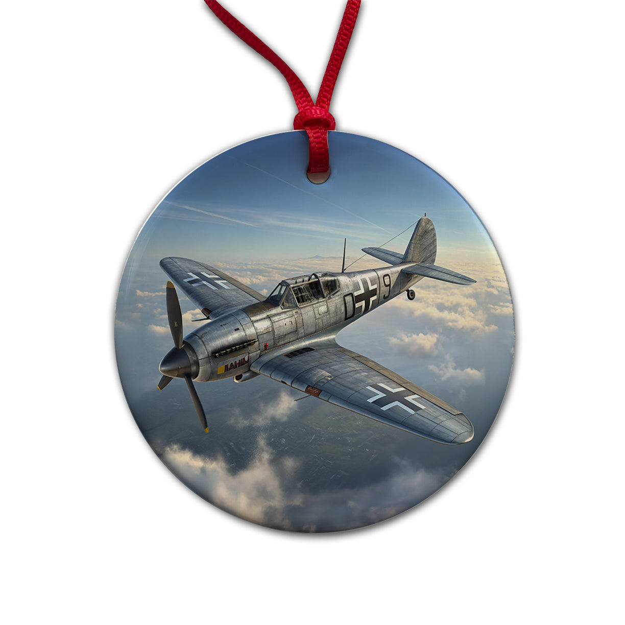 Messerschmitt Bf 109 WWII German Fighter Plane Round Ceramic Holiday Christmas Tree Ornament