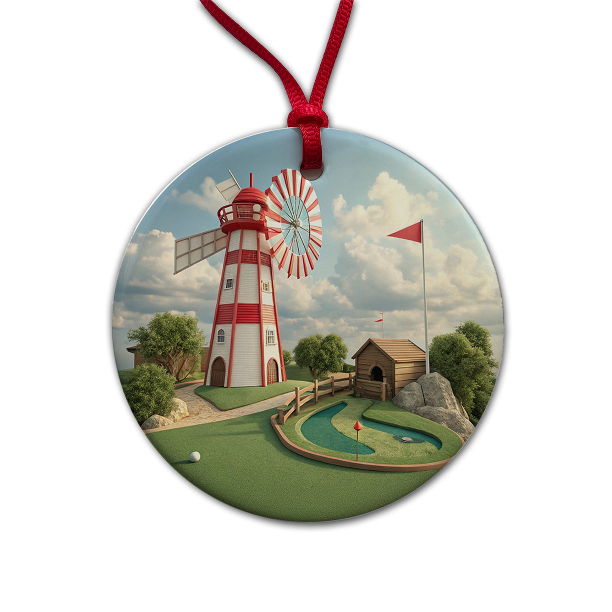 Miniature Golf Course Windmill Round Ceramic Holiday Christmas Tree Ornament