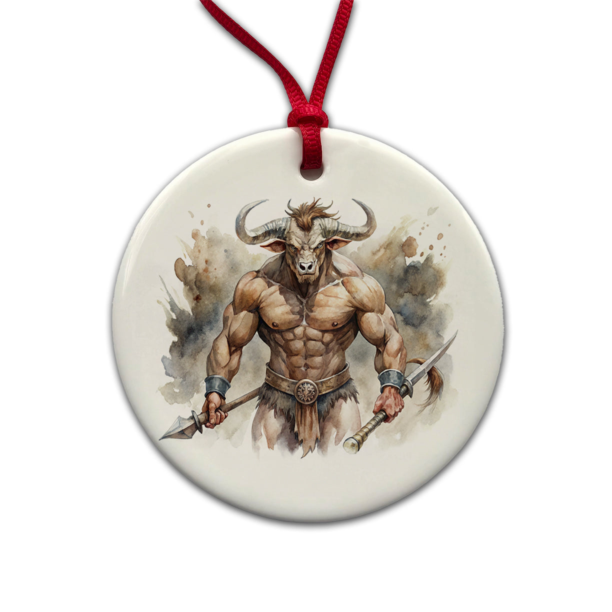 Minotaur Greek Mythology Watercolor Round Ceramic Holiday Christmas Tree Ornament