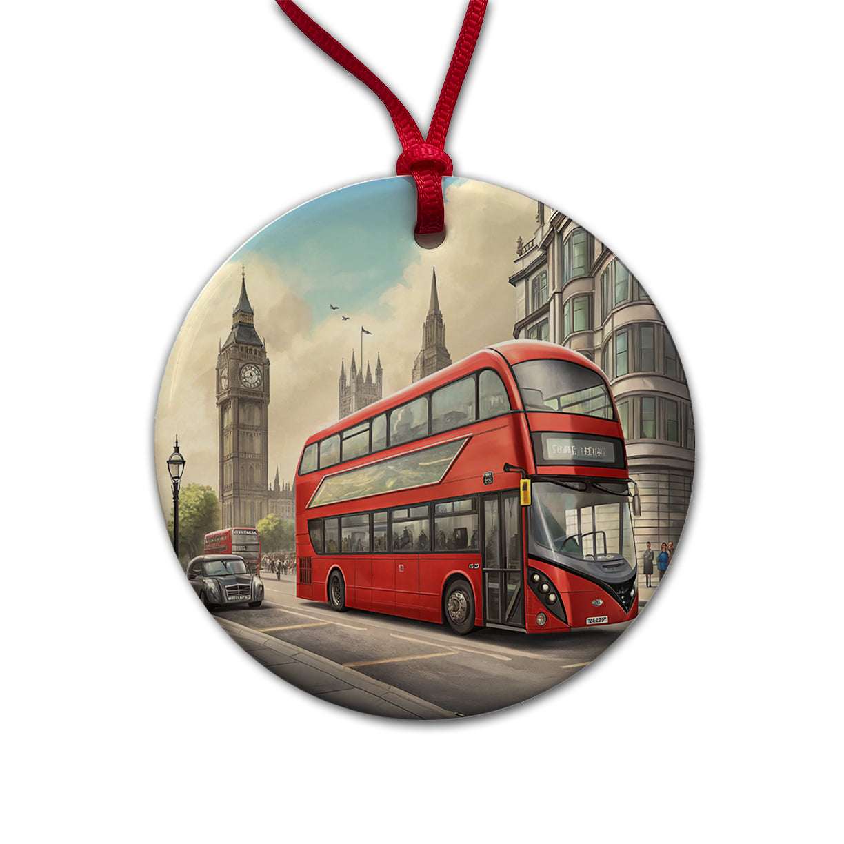 Modern Double Decker Bus In London England Round Ceramic Holiday Christmas Tree Ornament