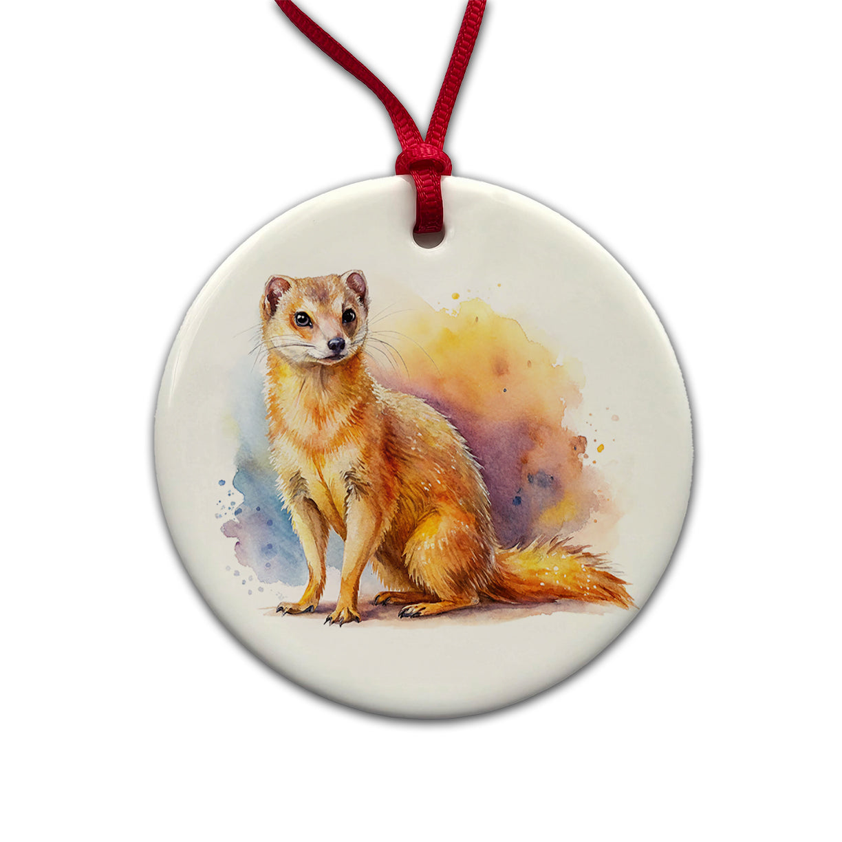 Mongoose Watercolor Round Ceramic Holiday Christmas Tree Ornament