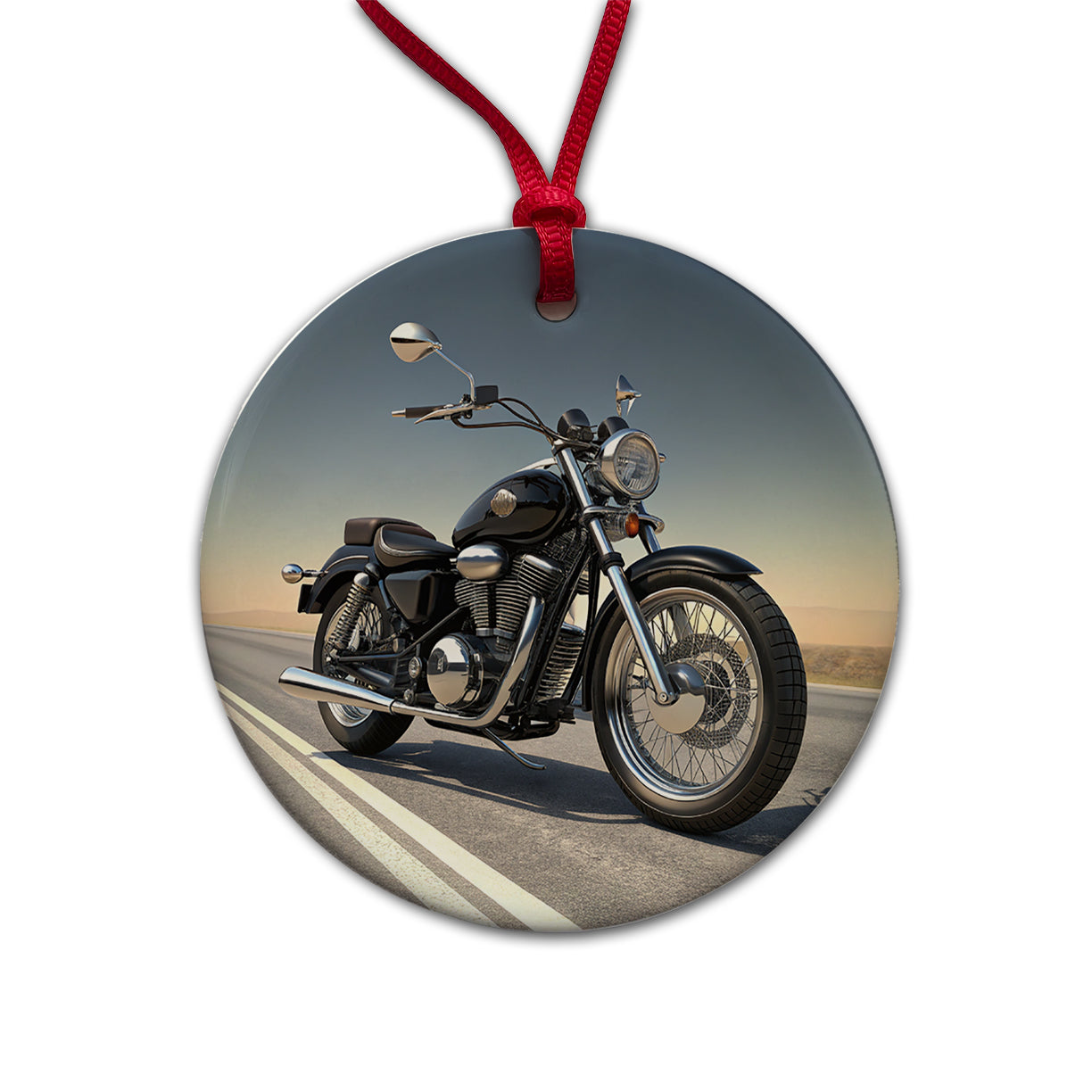 Motorcycle on the Road Round Ceramic Holiday Christmas Tree Ornament