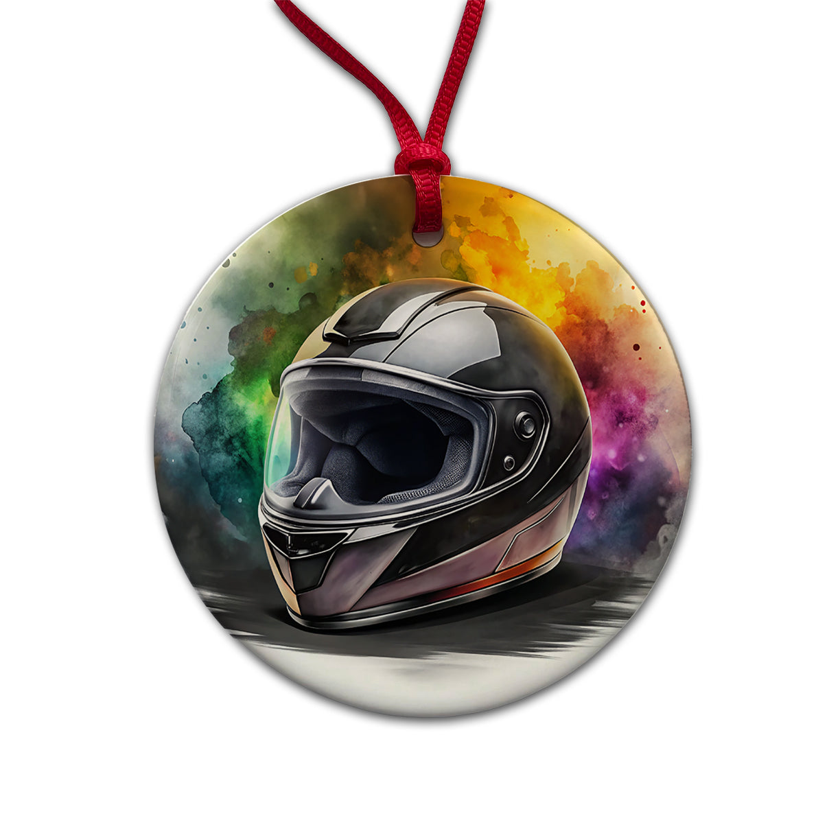 Motorcycle Racing Riding Helmet Watercolor Round Ceramic Holiday Christmas Tree Ornament