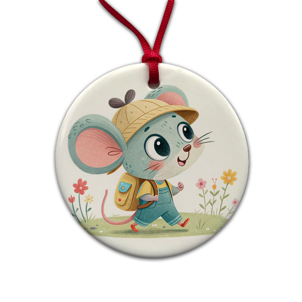Mouse Children's Illustration Style Round Ceramic Holiday Christmas Tree Ornament