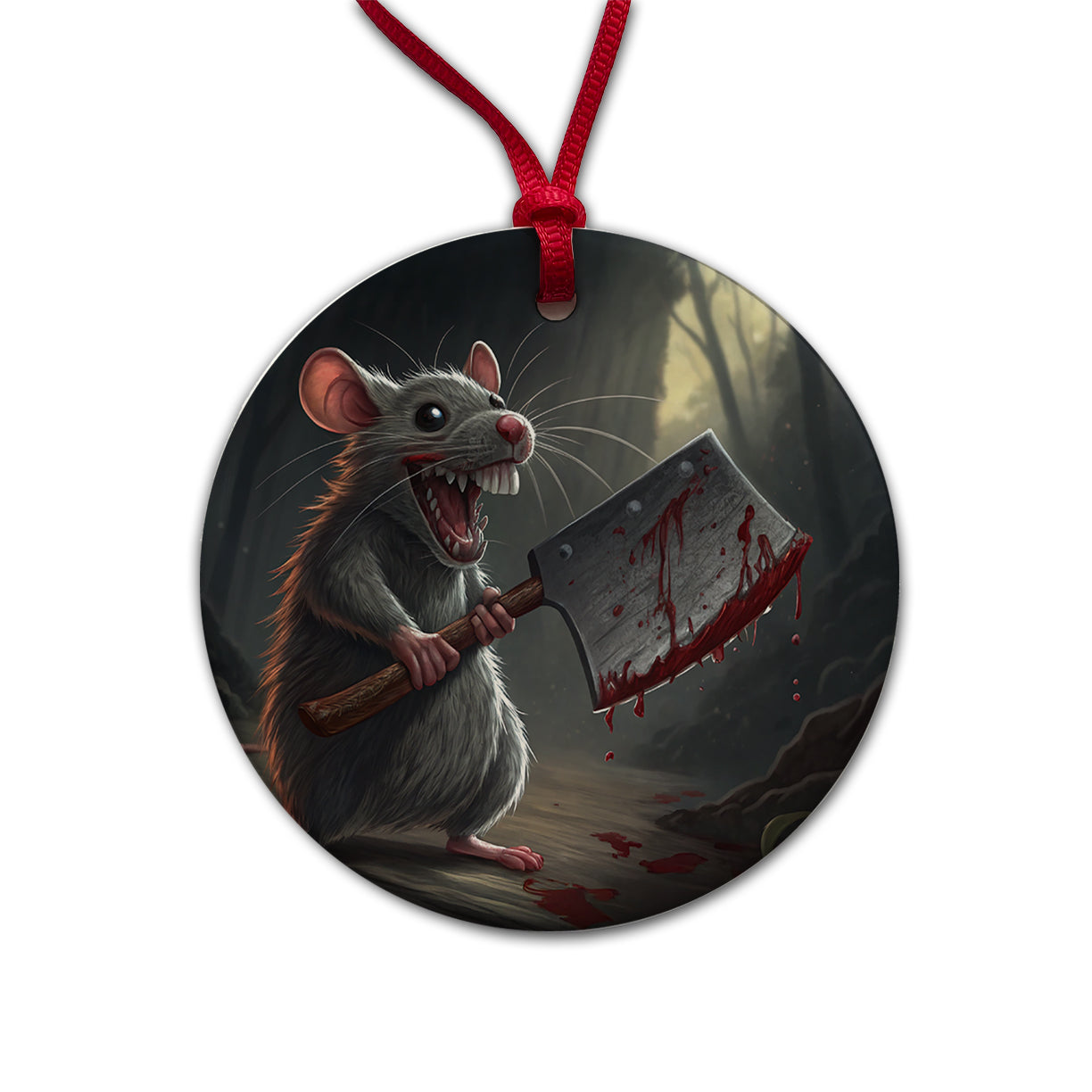 Mouse Holding A Bloody Meat Cleaver Halloween Scary Round Ceramic Holiday Christmas Tree Ornament