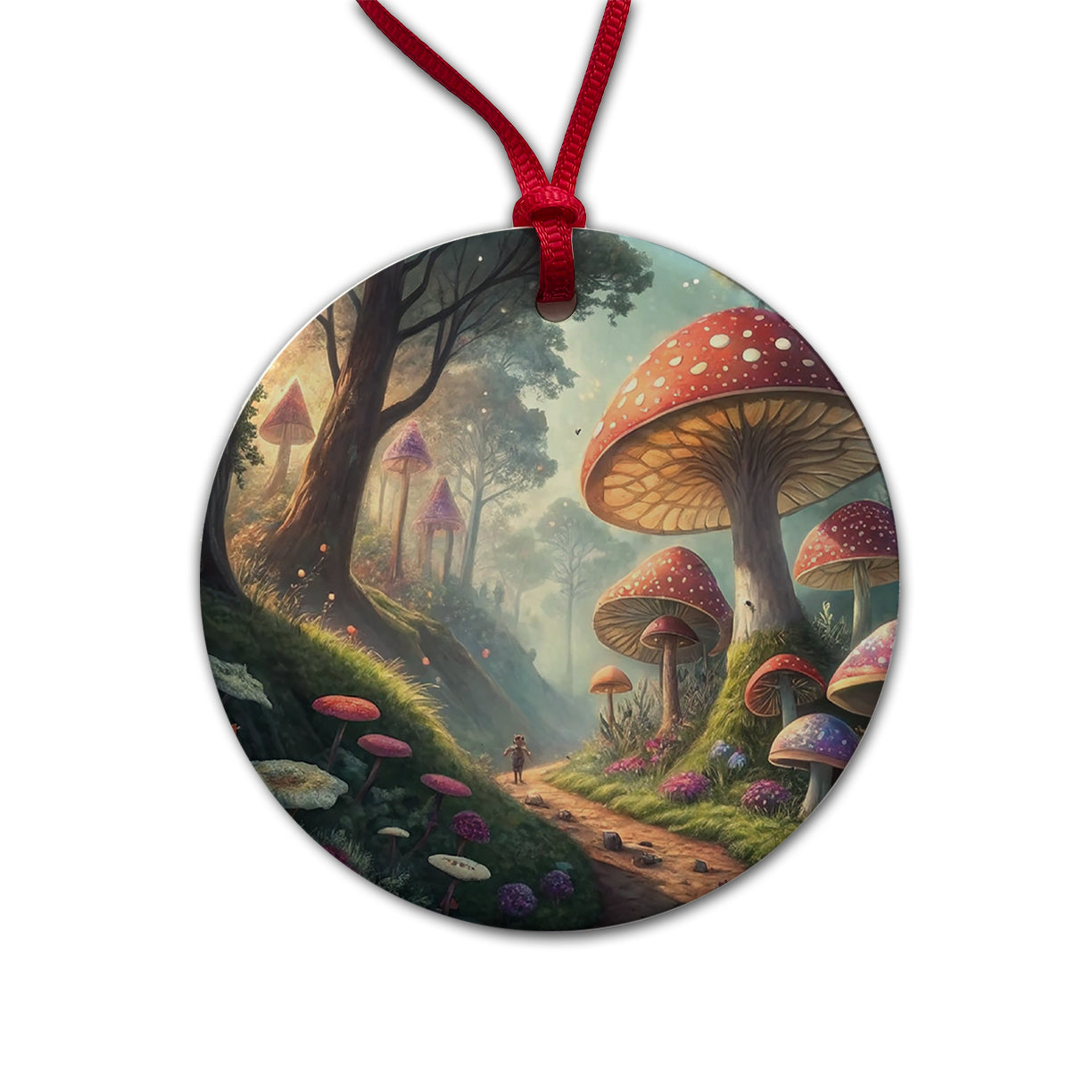Mushroom Forest Anime Style Fantasy Round Ceramic Holiday Christmas Tree Ornament