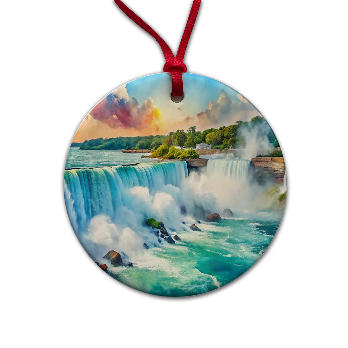 Niagara Falls New York Watercolor Round Ceramic Holiday Christmas Tree Ornament