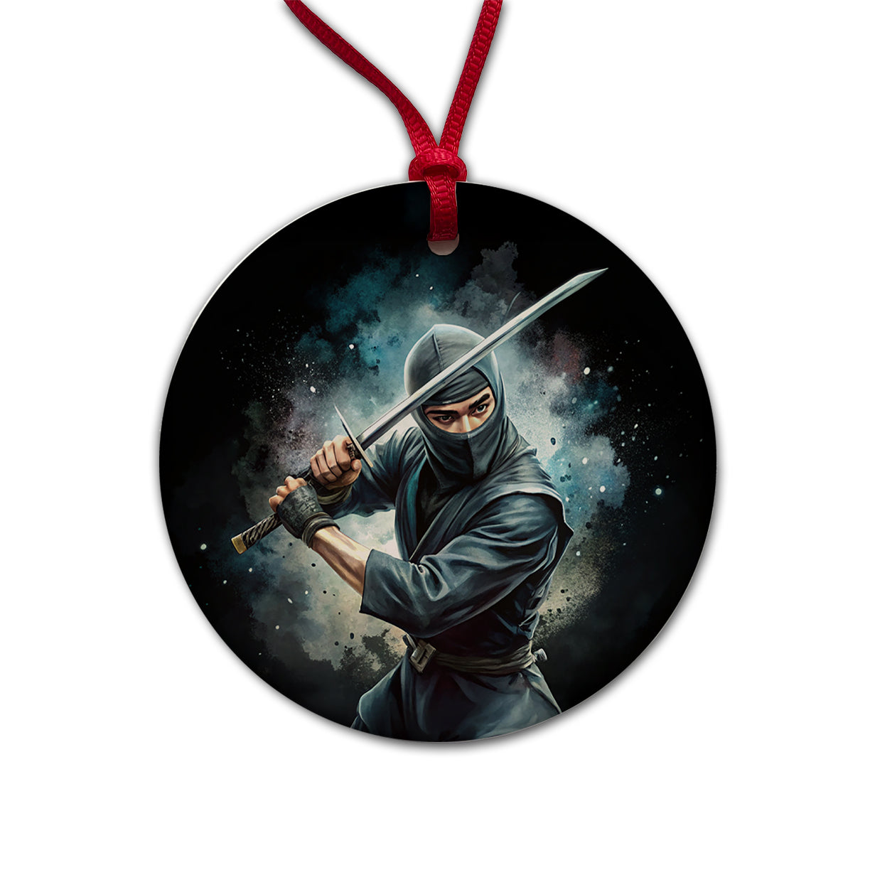 Ninja With Katana Black Watercolor Round Ceramic Holiday Christmas Tree Ornament