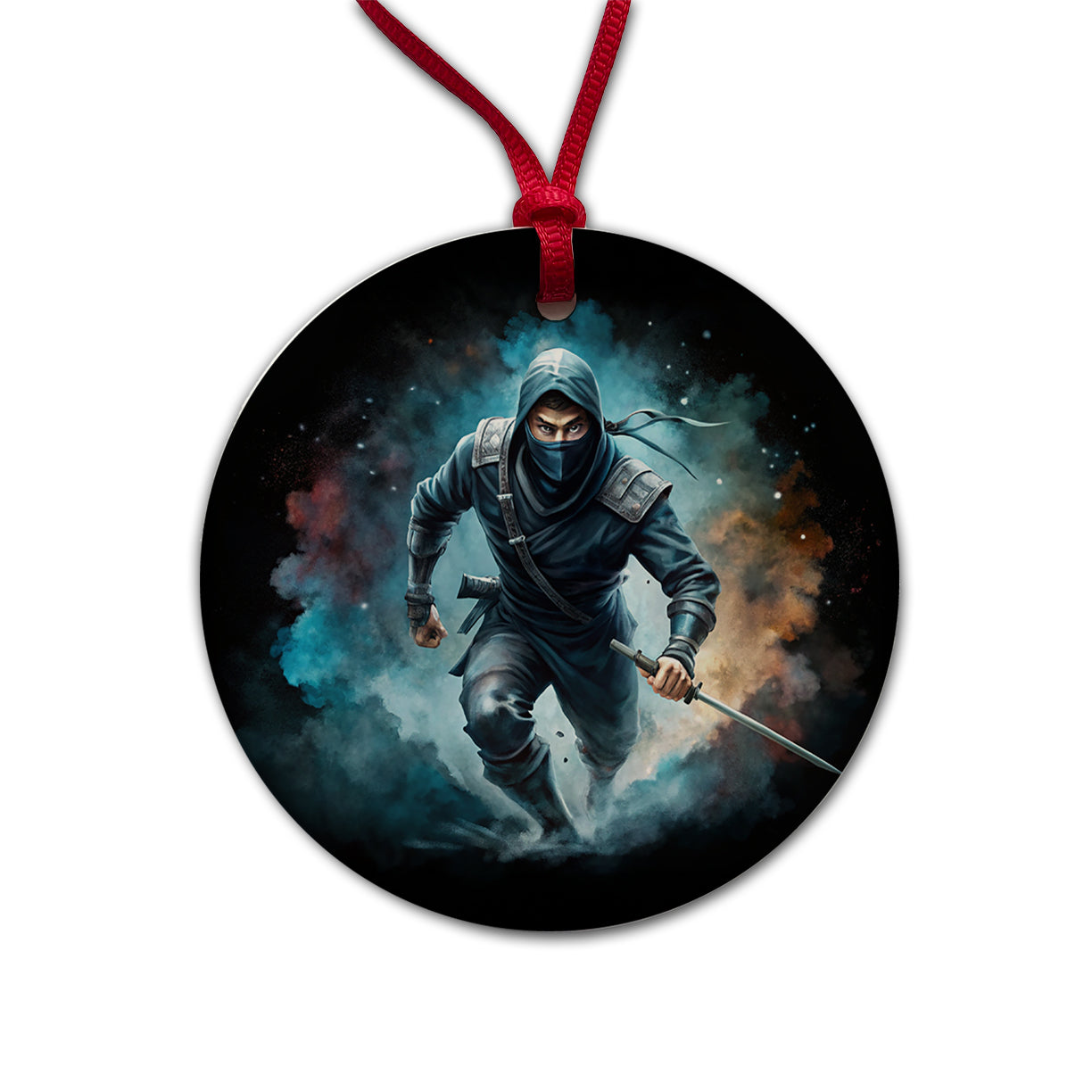 Ninja with Katana Running Black Watercolor Round Ceramic Holiday Christmas Tree Ornament