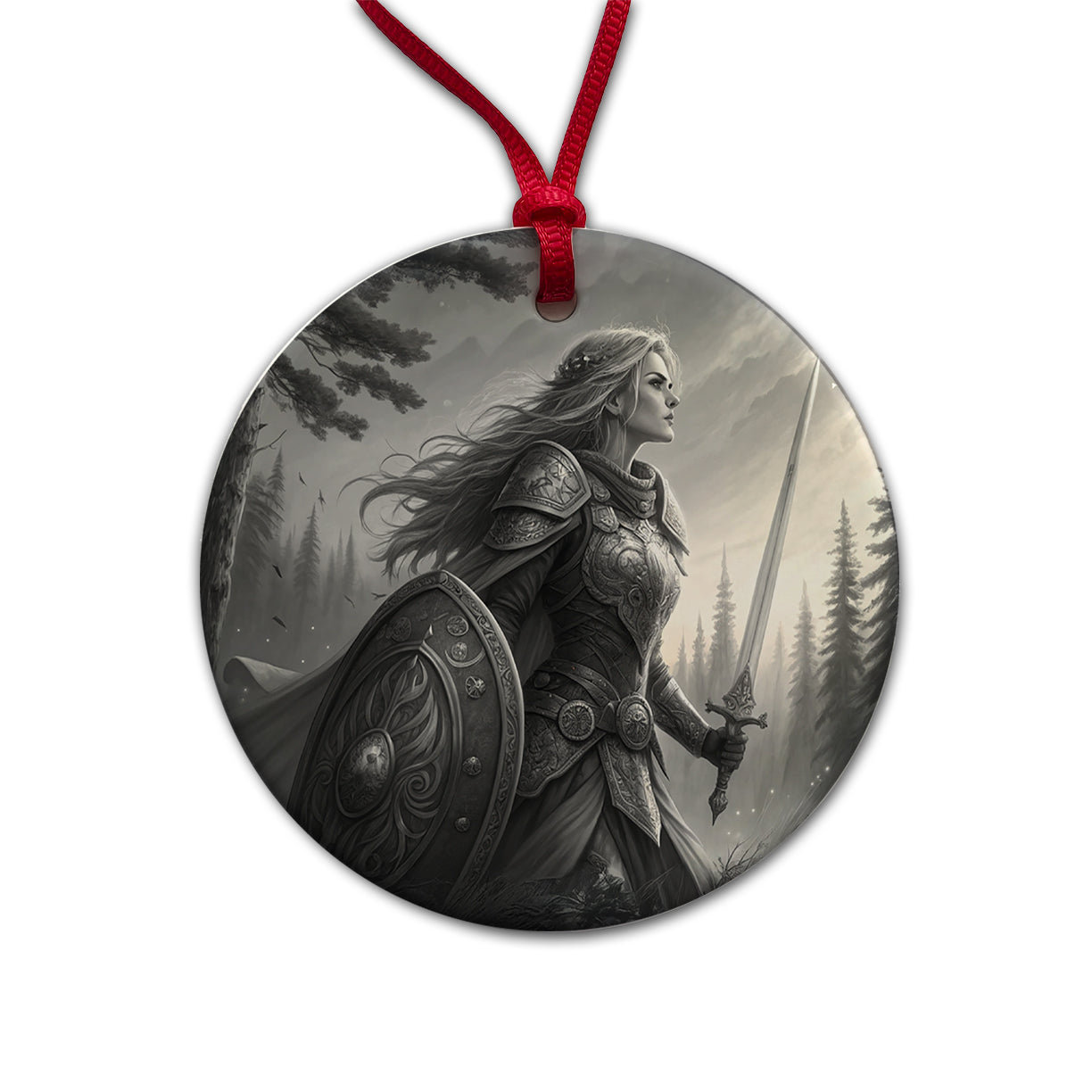 Nordic Viking Fantasy Woman Warrior Black And White Round Ceramic Holiday Christmas Tree Ornament