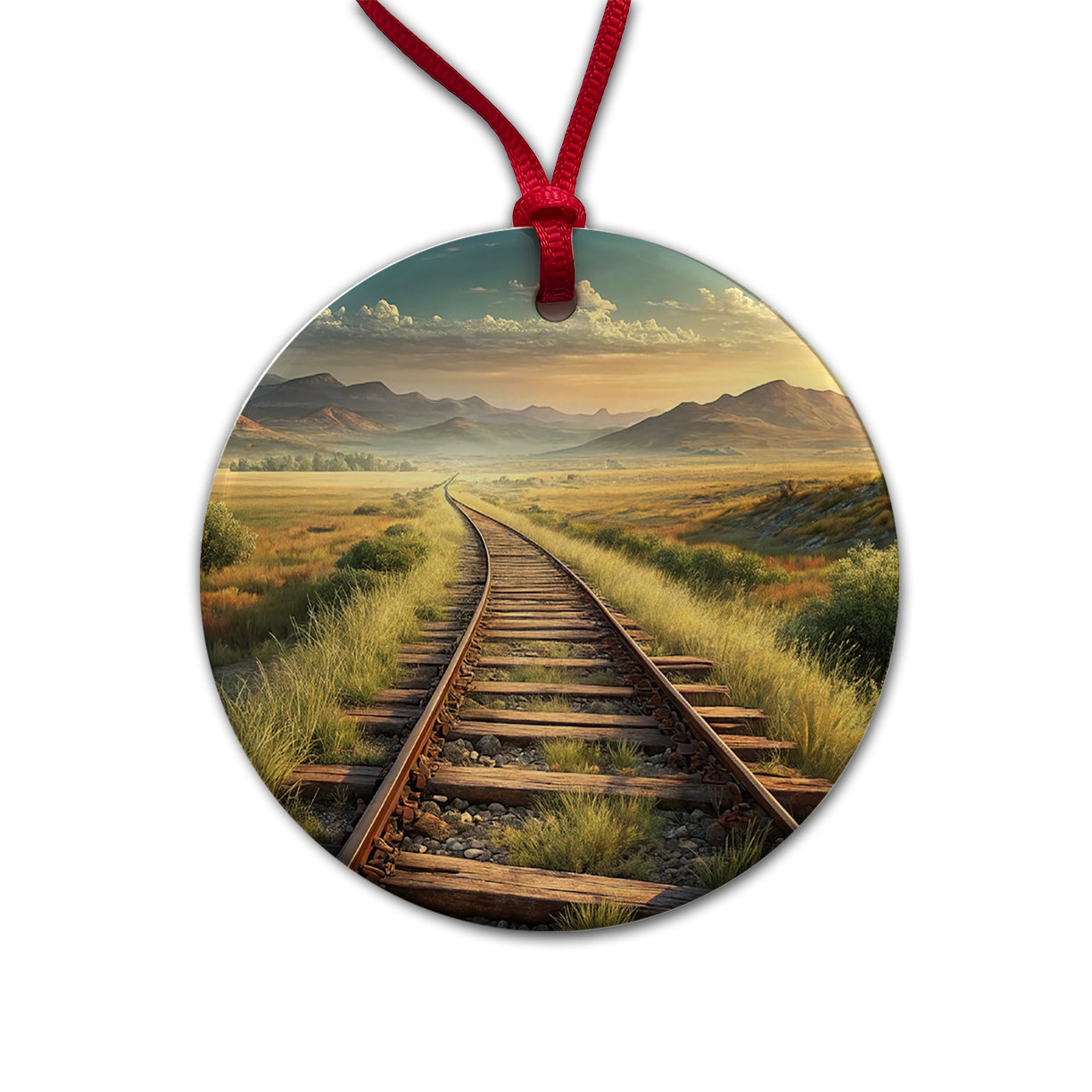 Old Train Tracks Vanishing Into The Distance Round Ceramic Holiday Christmas Tree Ornament