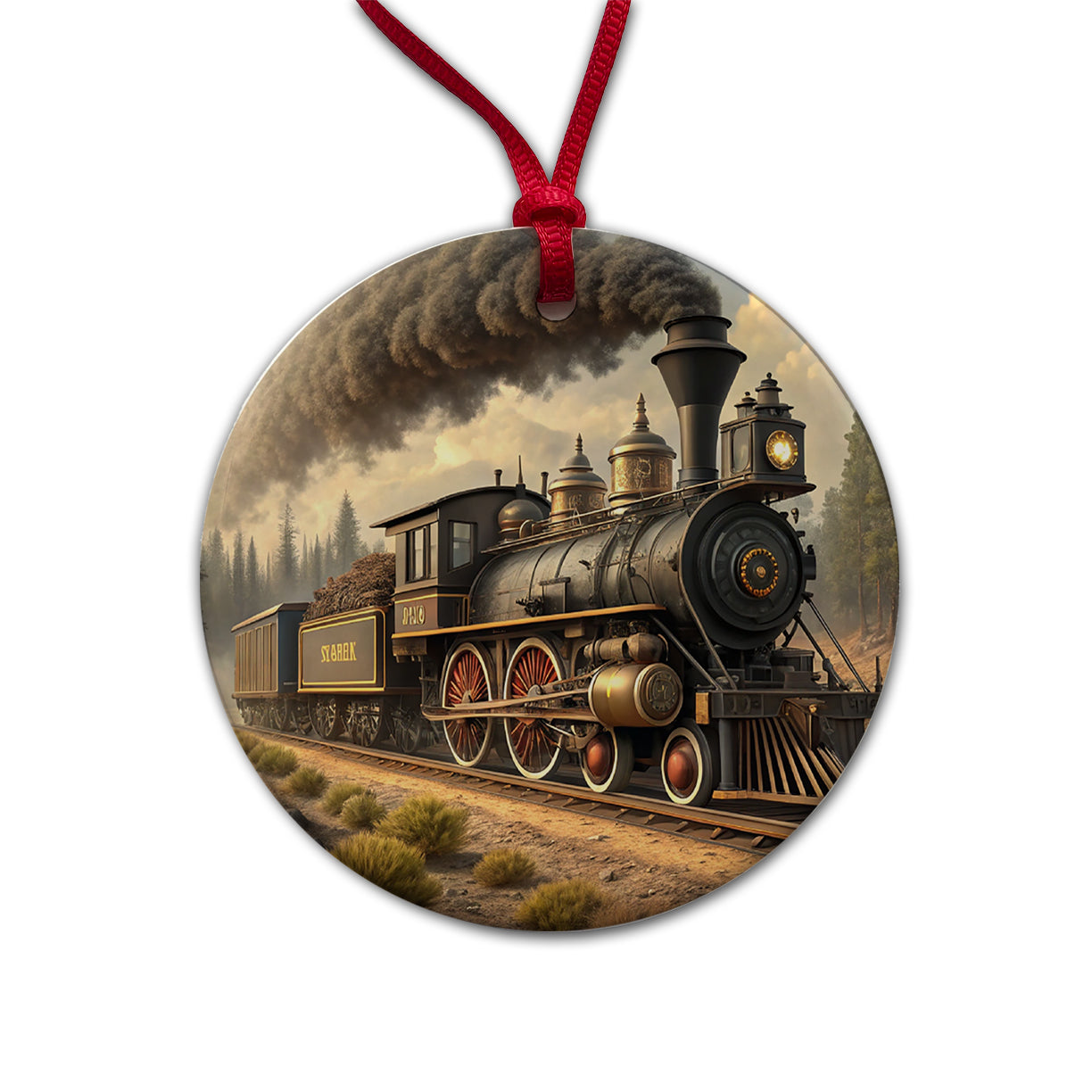 Old West Steam Locomotive Western Round Ceramic Holiday Christmas Tree Ornament
