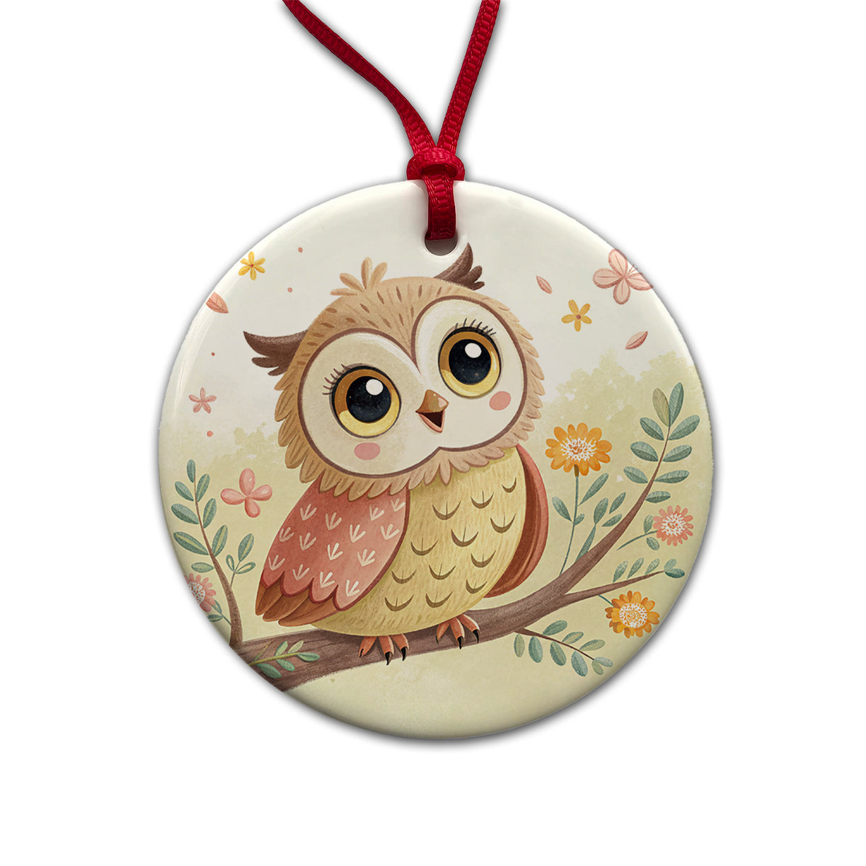 Owl Children's Illustration Style Round Ceramic Holiday Christmas Tree Ornament