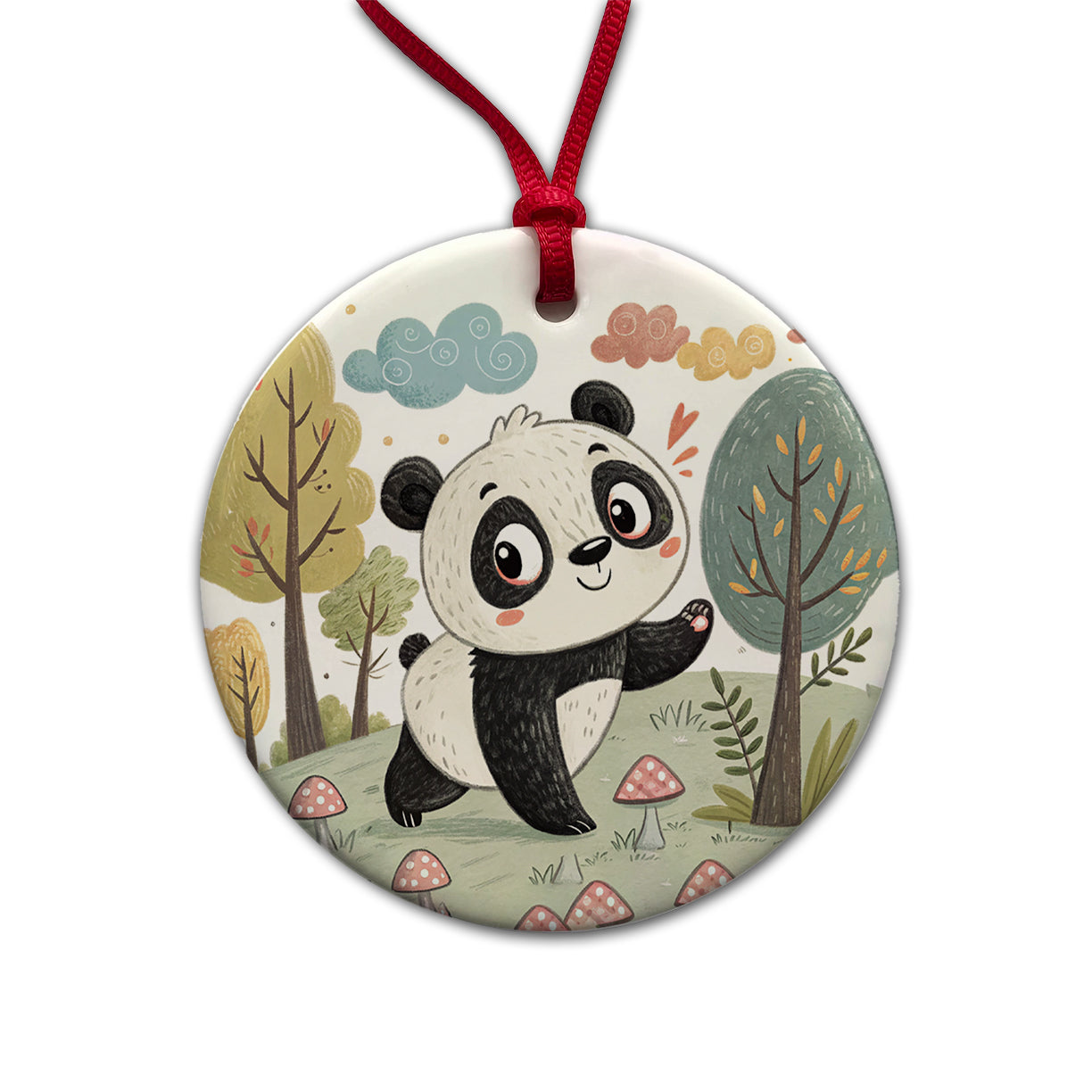 Panda Children's Illustration Style Round Ceramic Holiday Christmas Tree Ornament