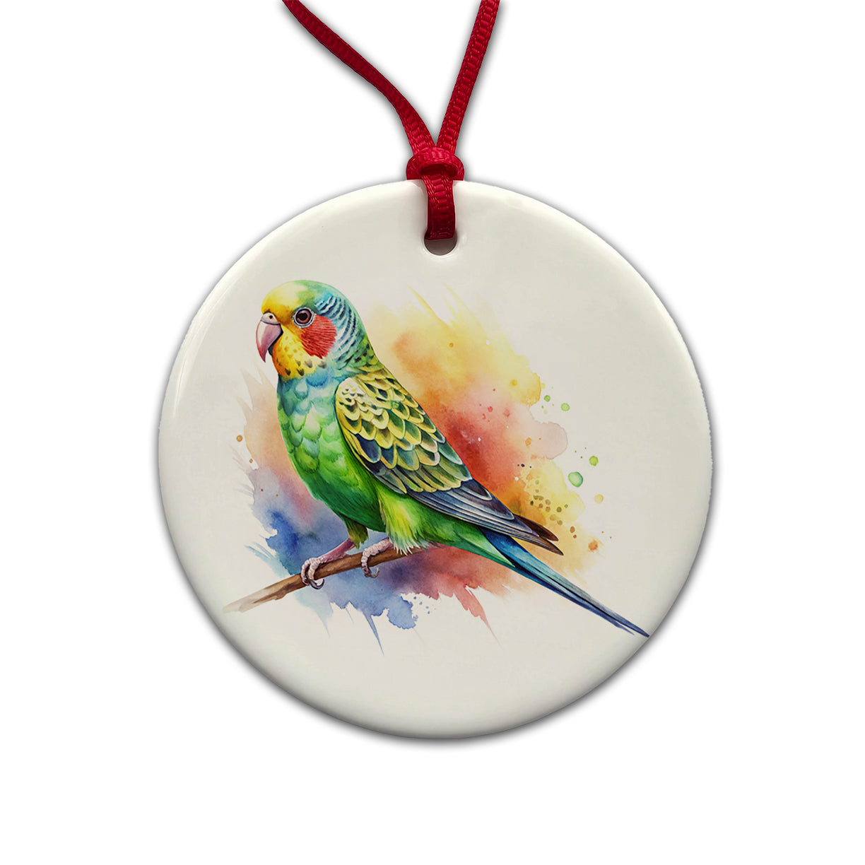 Parakeet Watercolor Round Ceramic Holiday Christmas Tree Ornament