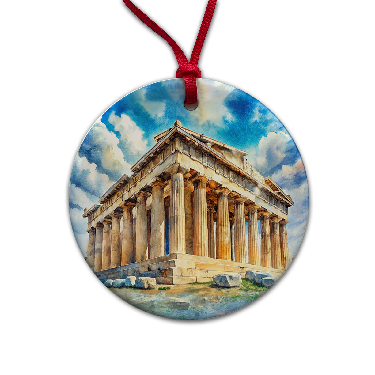Parthenon Temple Athens Greece Greek Watercolor Round Ceramic Holiday Christmas Tree Ornament