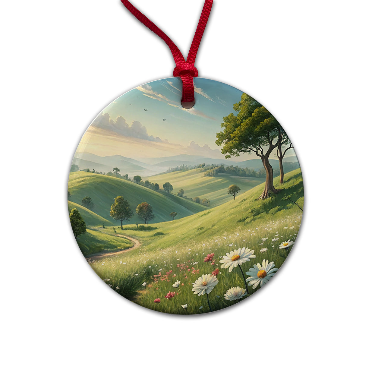 Pastoral Pretty Hillside Landscape Round Ceramic Holiday Christmas Tree Ornament