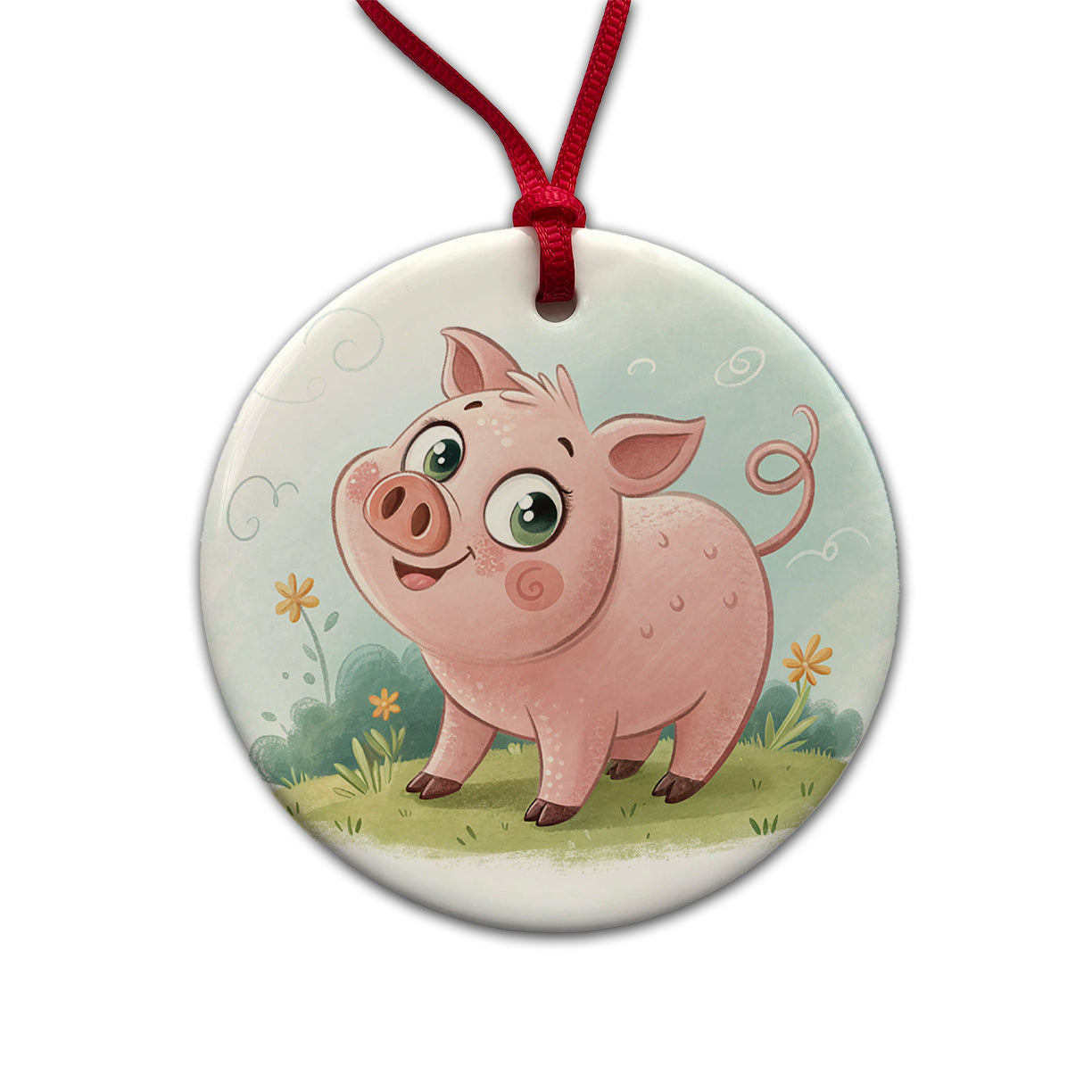 Pig Children's Illustration Style Round Ceramic Holiday Christmas Tree Ornament