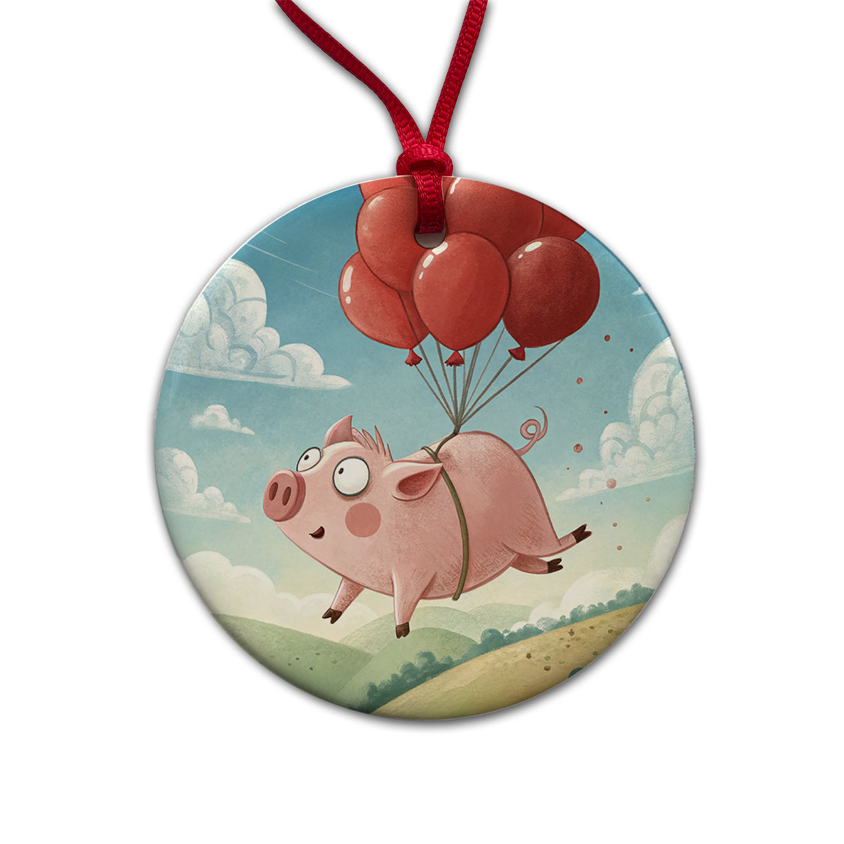 Pig Floating Through Sky Hanging From Red Balloons Round Ceramic Holiday Christmas Tree Ornament