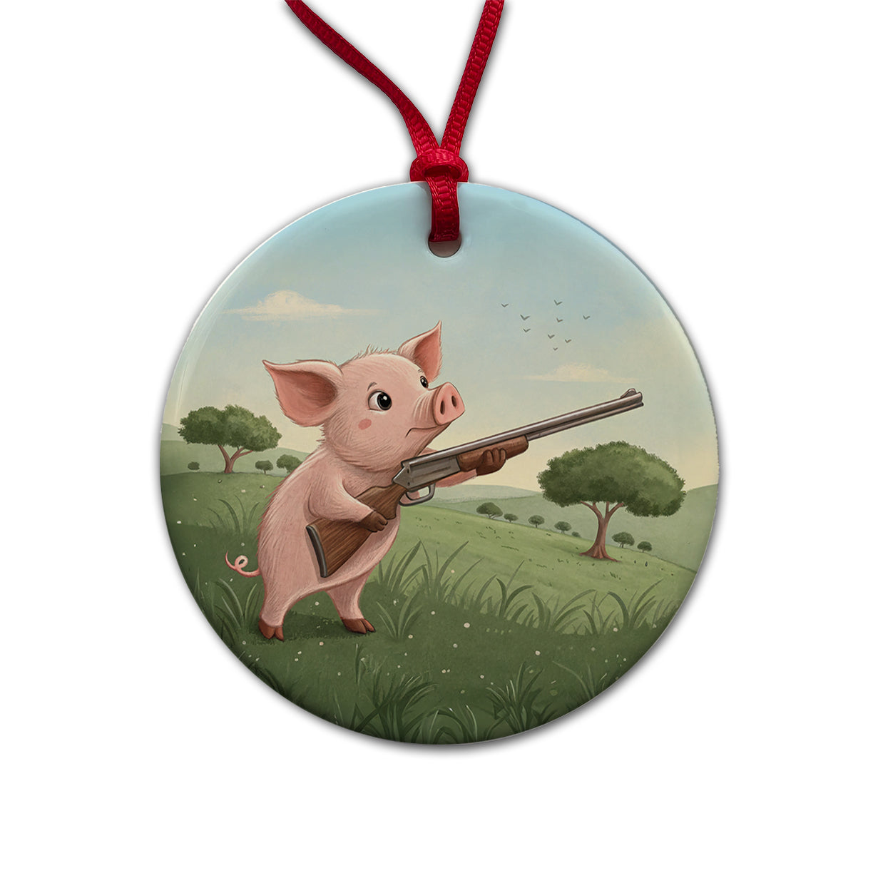 Pink Pig With A Shotgun Round Ceramic Holiday Christmas Tree Ornament