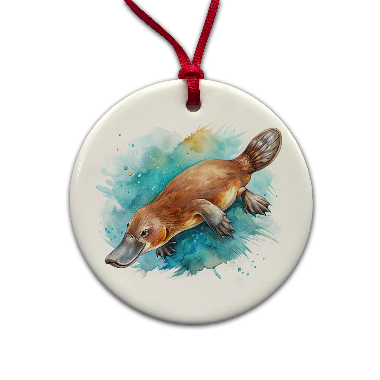 Platypus Swimming Watercolor Round Ceramic Holiday Christmas Tree Ornament