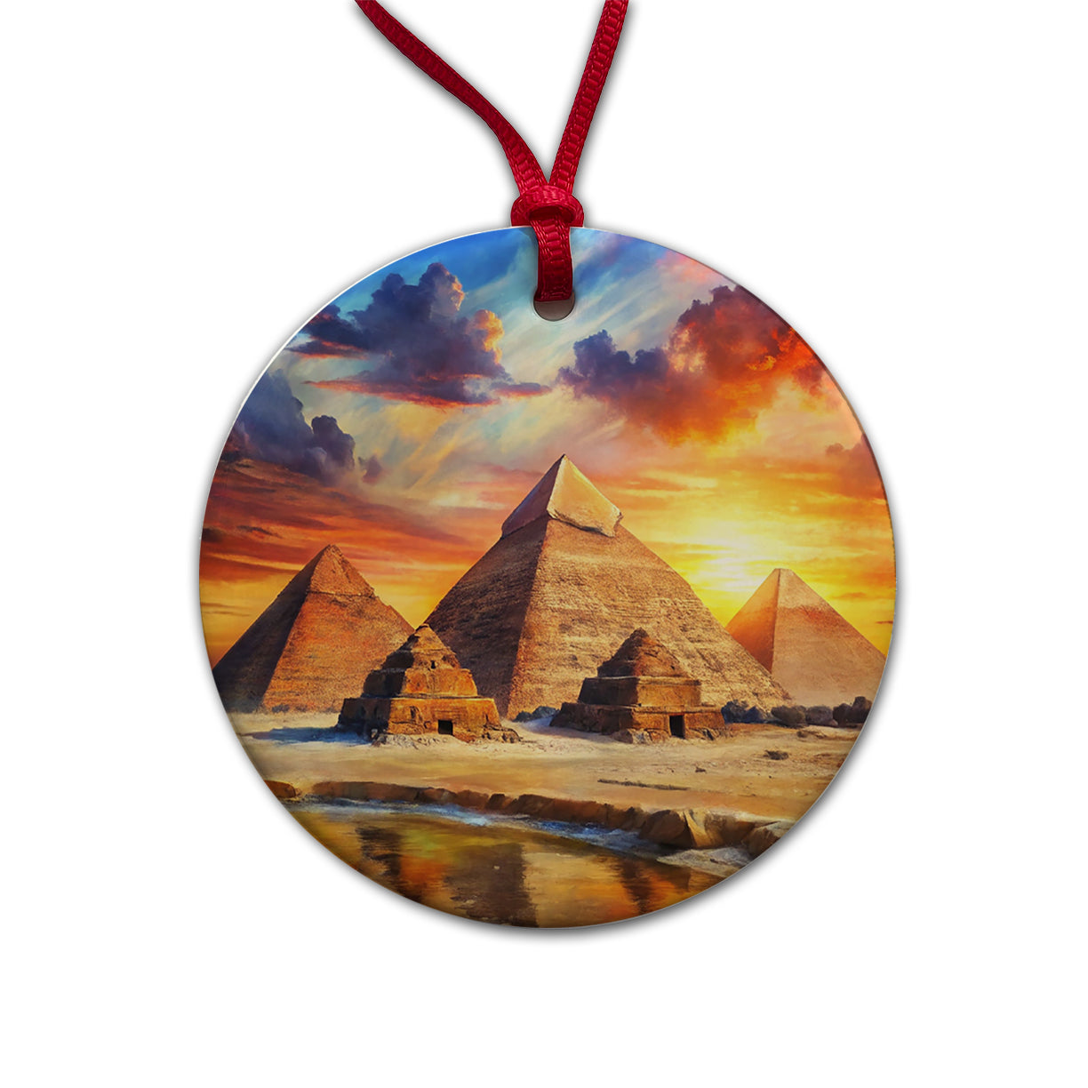 Pyramids Of Giza Egypt At Sunset Watercolor Round Ceramic Holiday Christmas Tree Ornament