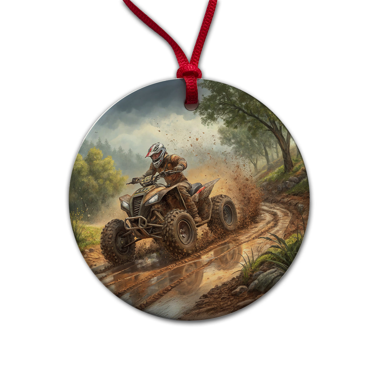 Quad ATV Off-Road Mud Racing Round Ceramic Holiday Christmas Tree Ornament