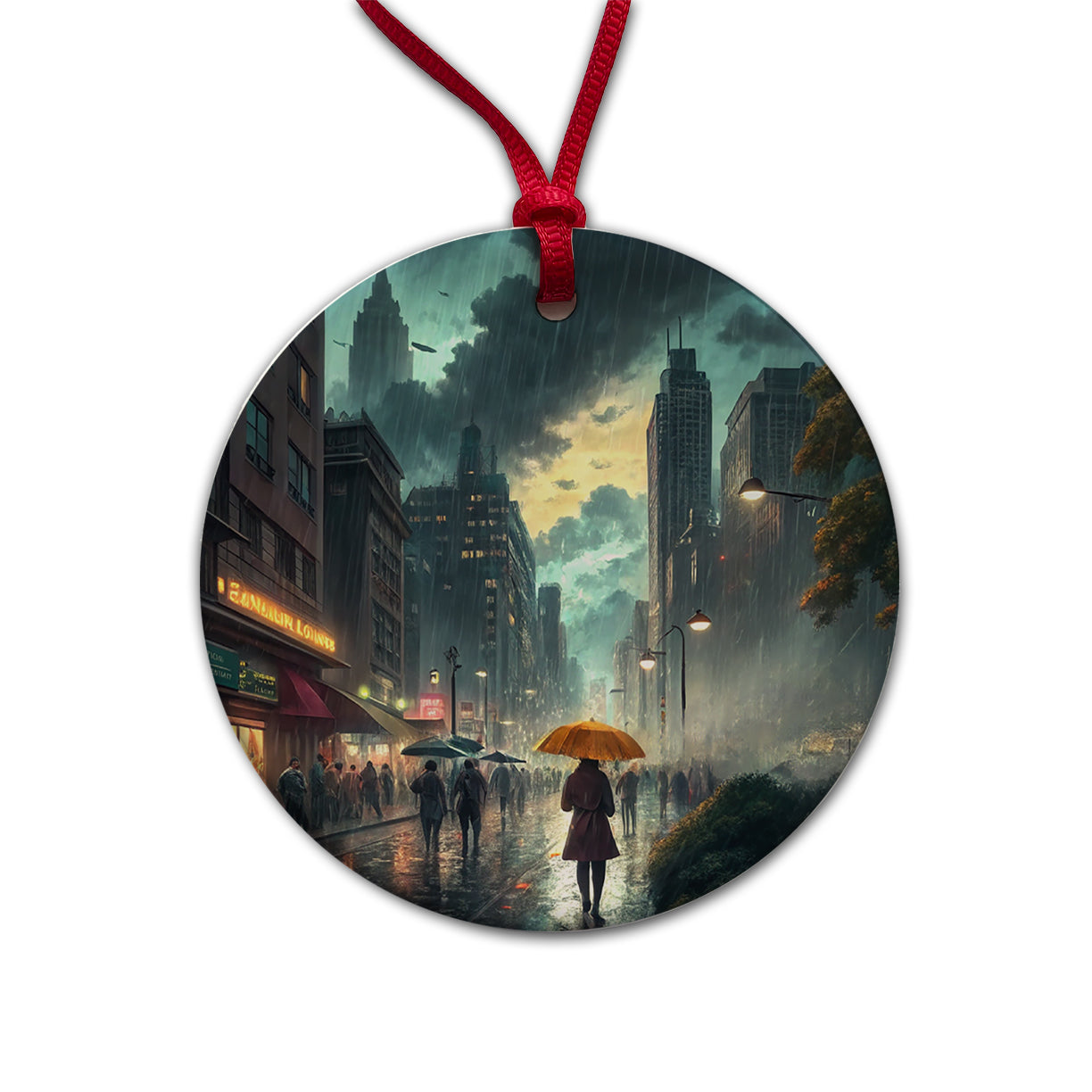 Rain Storm In The City at Night Round Ceramic Holiday Christmas Tree Ornament