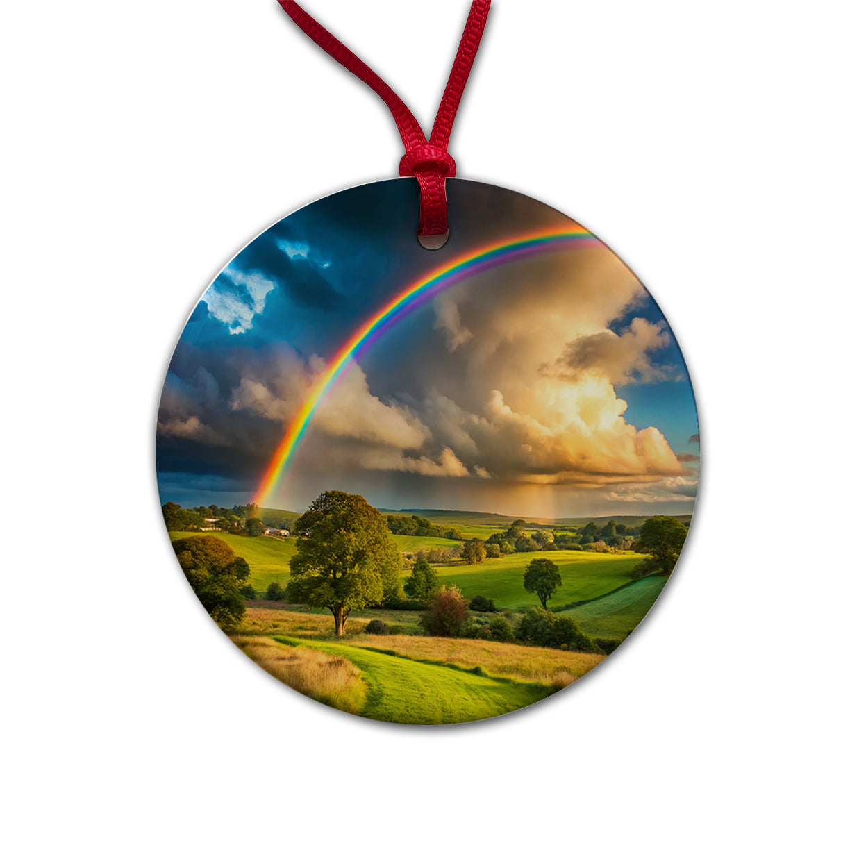 Rainbow After Rain Storm In The Country Round Ceramic Holiday Christmas Tree Ornament