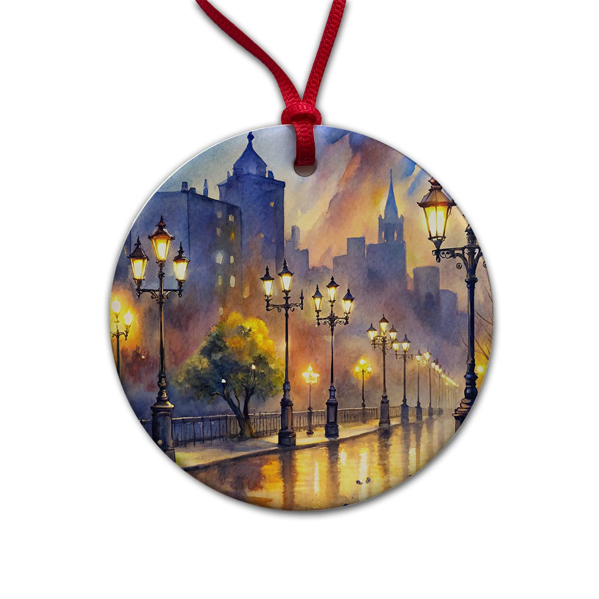 Raining In The City At Night Watercolor Round Ceramic Holiday Christmas Tree Ornament