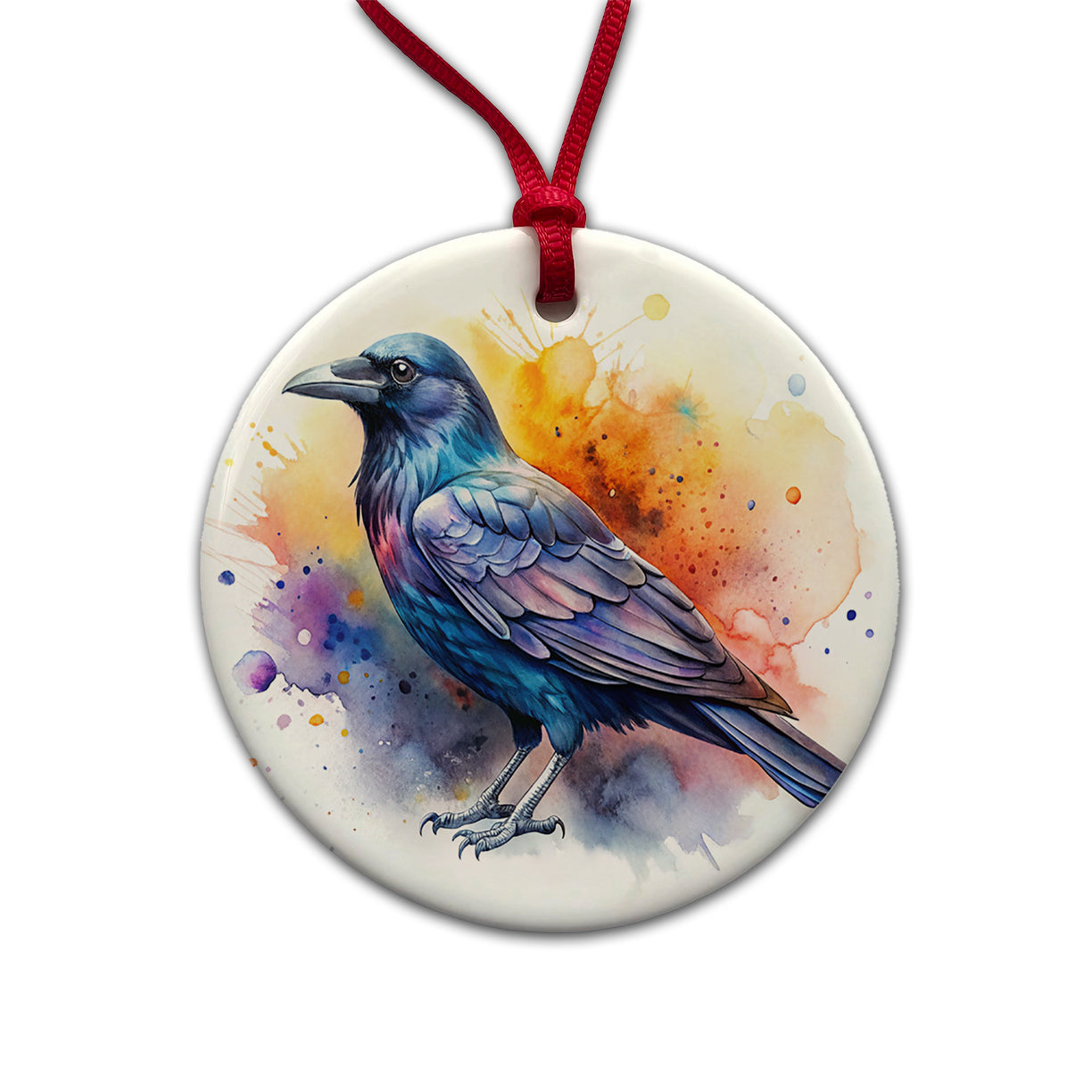 Raven Colorful Watercolor Round Ceramic Holiday Christmas Tree Ornament