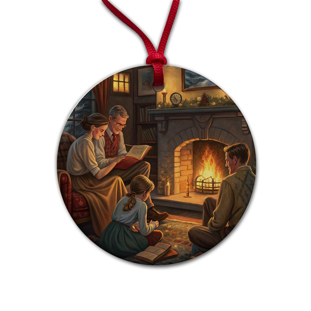 Reading by the Fireplace Americana Round Ceramic Holiday Christmas Tree Ornament