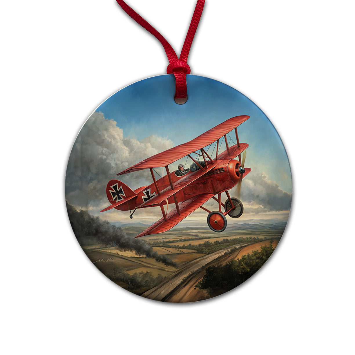 Red Baron's WWI Fokker Triplane Round Ceramic Holiday Christmas Tree Ornament