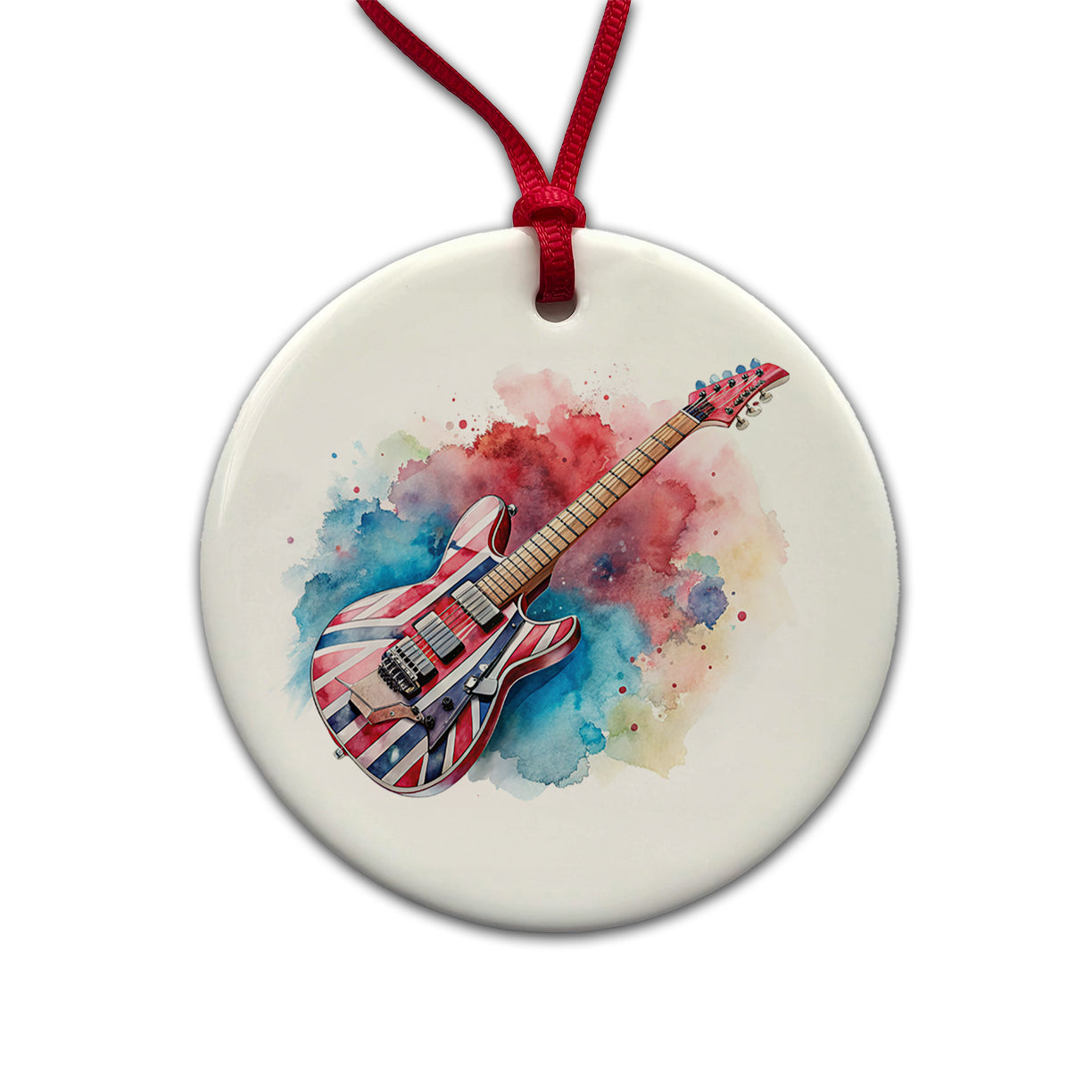 Red White Blue Rock and Roll Guitar Watercolor Round Ceramic Holiday Christmas Tree Ornament