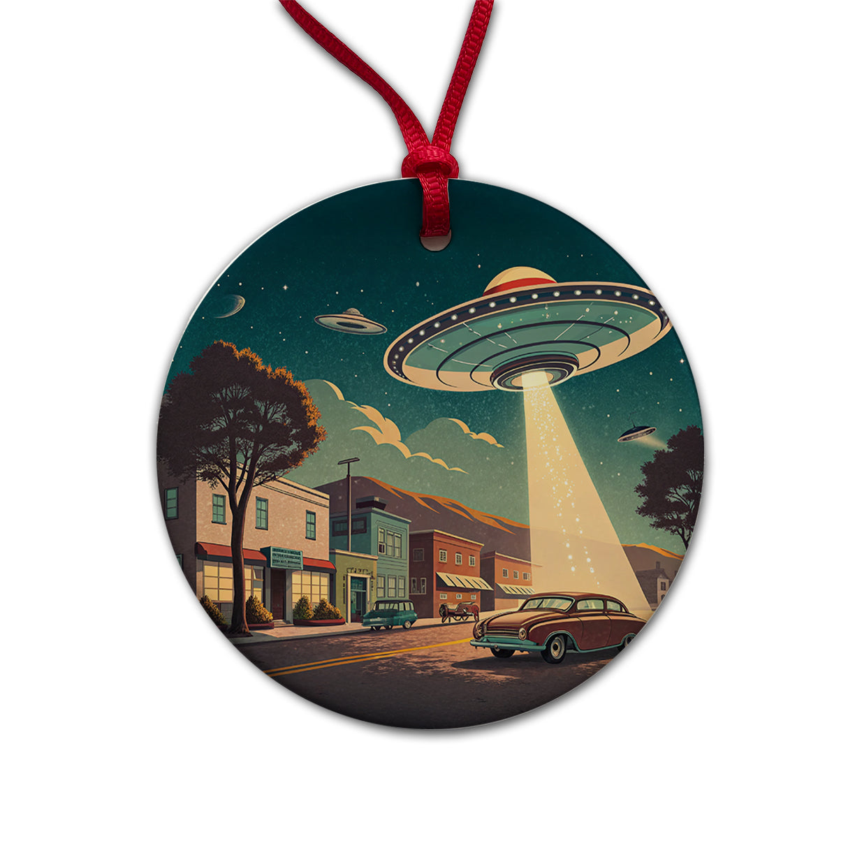 Retro Sci-fi 50's Poster Art Flying Saucer Round Ceramic Holiday Christmas Tree Ornament